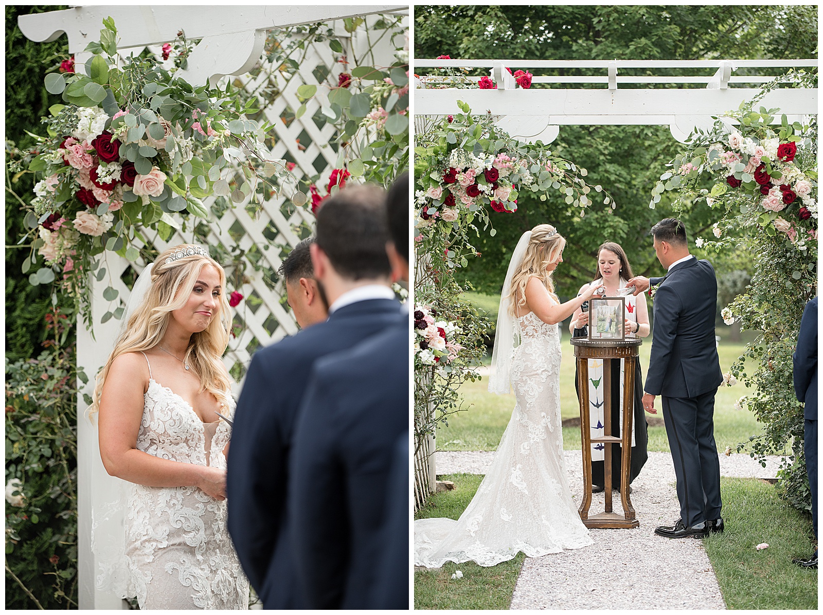 bride and groom exchanging wedding vowels at outdoor wedding ceremony surrounded by white archway and beautiful flowers