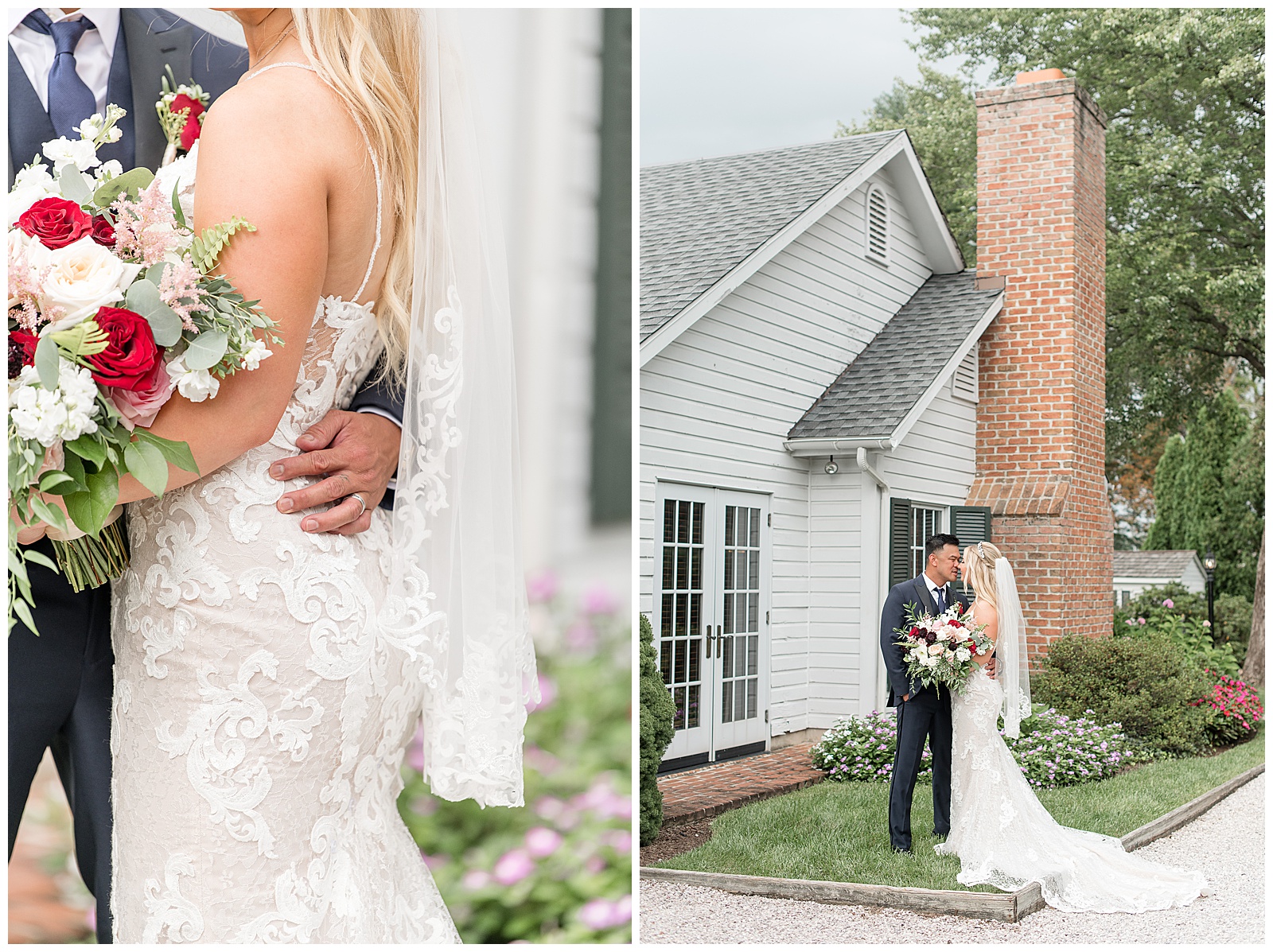bride and groom hug and kiss outside cute white house on sunny summer day