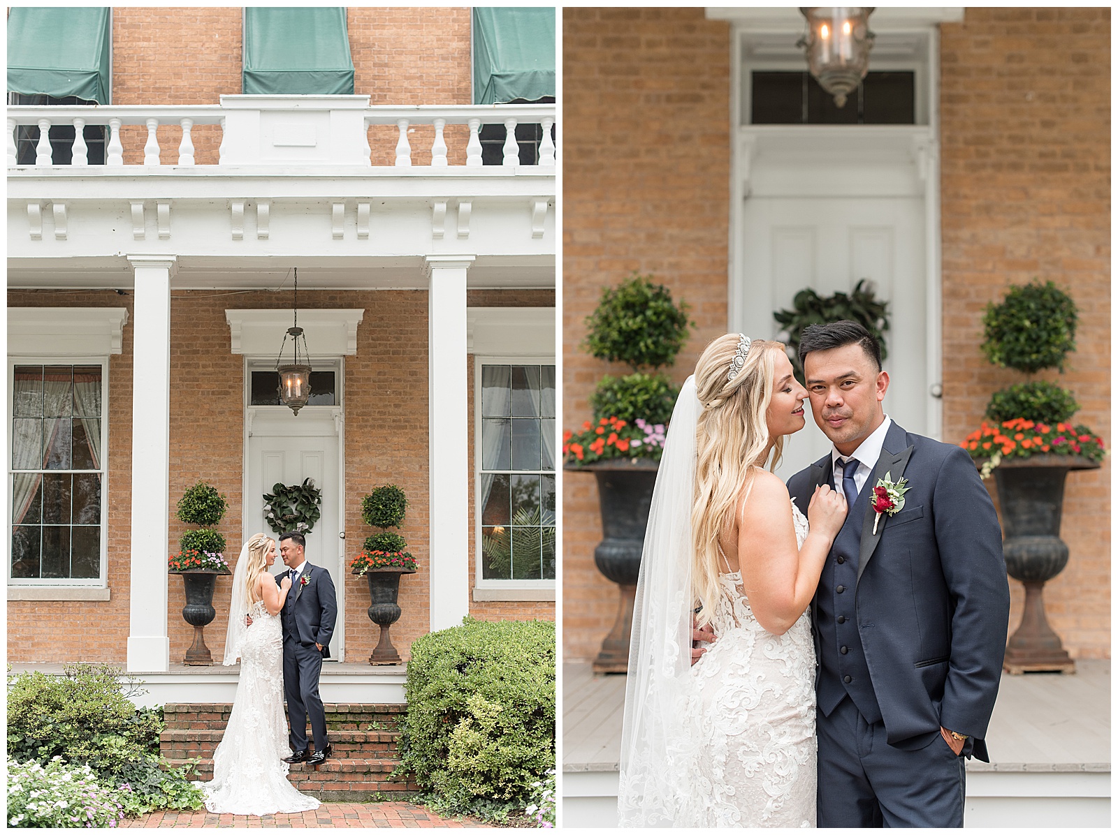 bride and groom stand close outside historic light brick home at Antrim 1844 venue