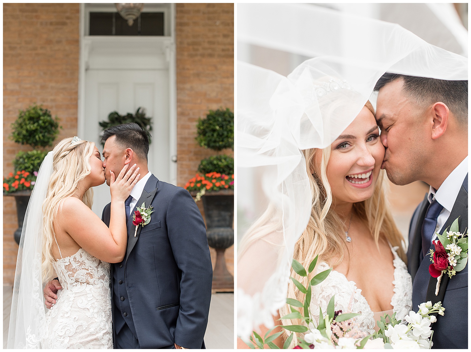 closeup photo of groom kissing bride's left cheek as she smiles and her veil floats over them