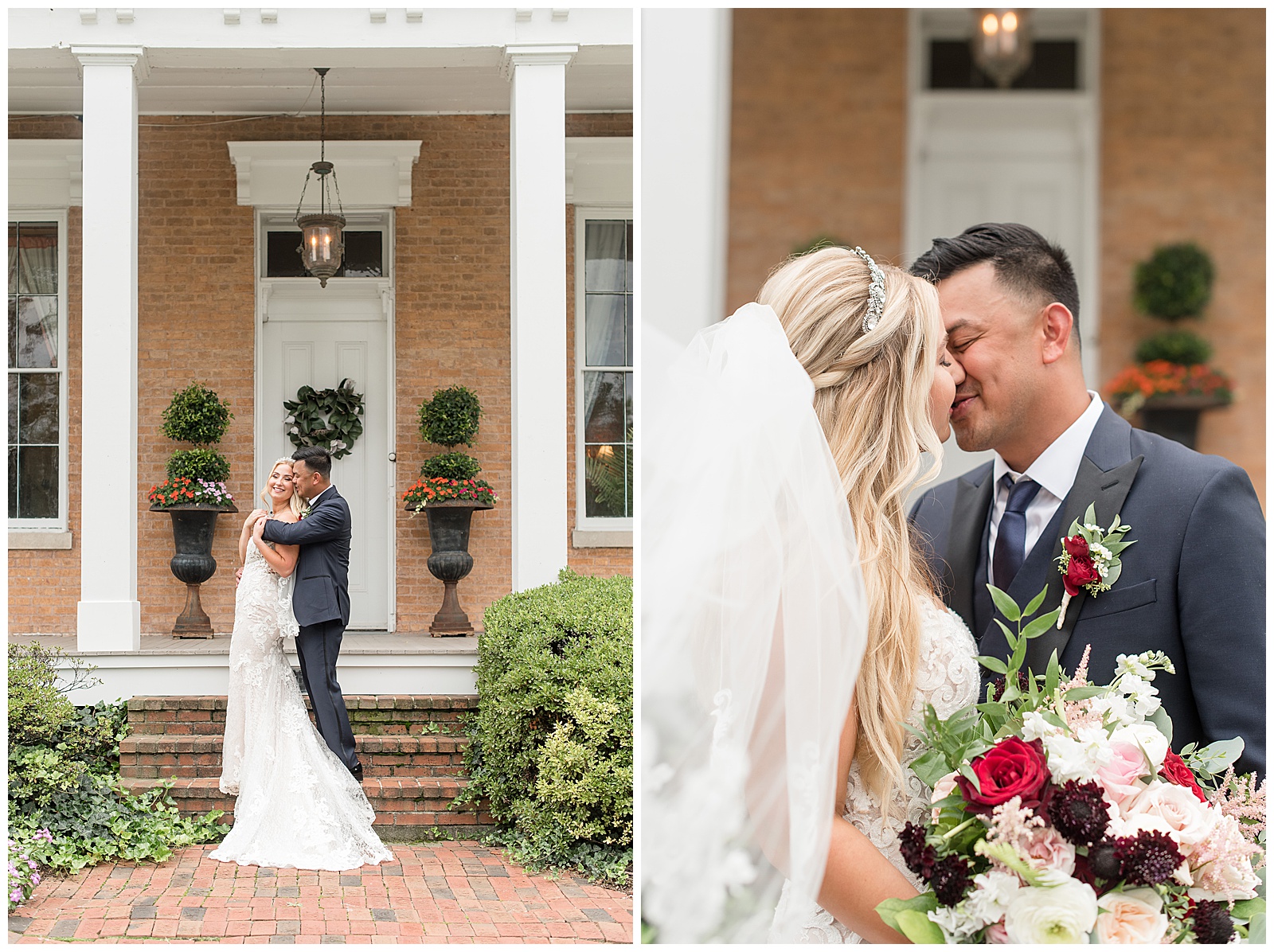bride and groom almost kissing by front porch with white columns of historic home in maryland