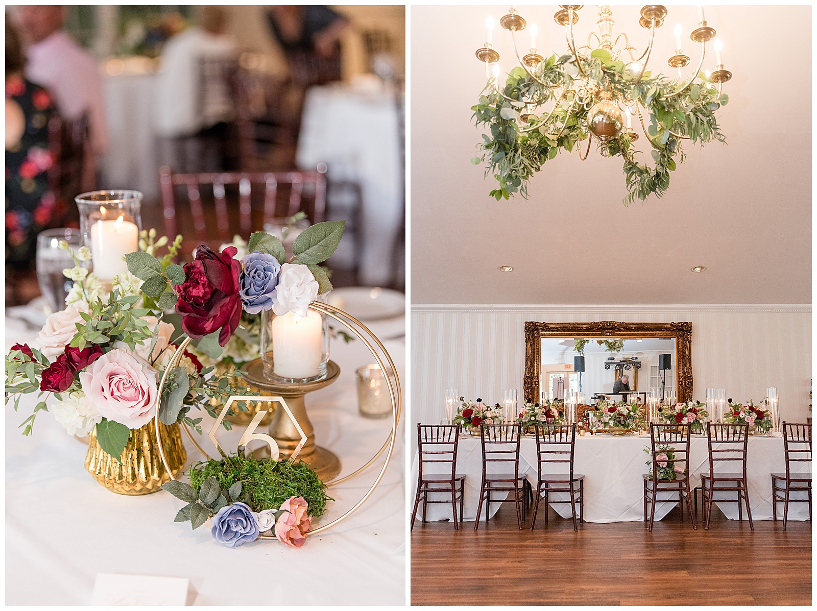 indoor reception beautifully decorated with flowers displayed and wooden chairs at tables