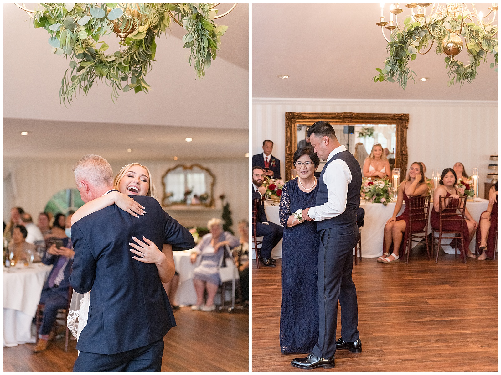 bride dances with her father and groom dances with his mother during wedding indoor wedding reception