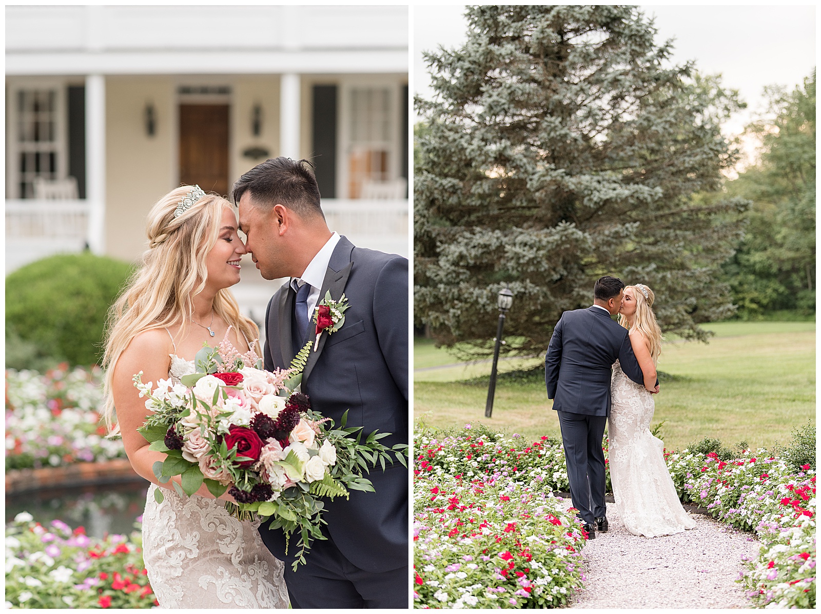 bride and groom stand close together and kiss by flower gardens near white home with black shutters