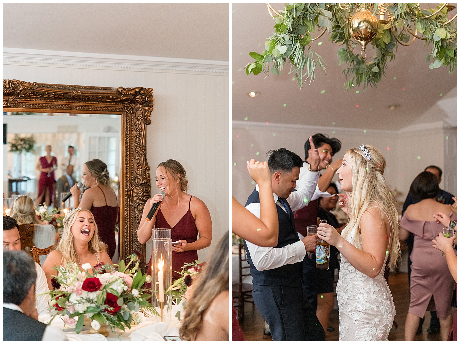 bride and groom dancing with guests during indoor reception with greenery hanging from light above them
