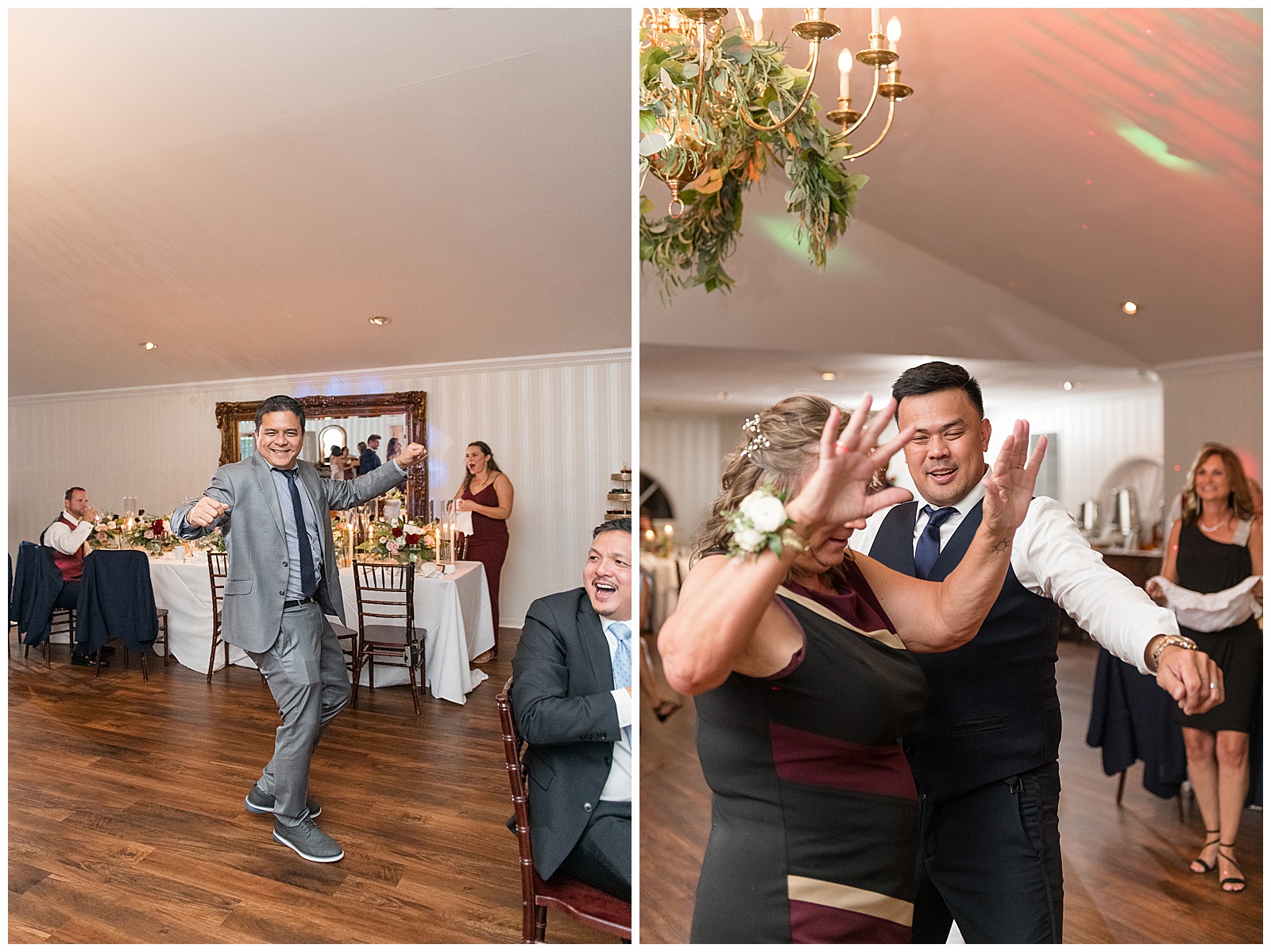 groom and wedding guests dancing and having fun during reception on wooden dance floor