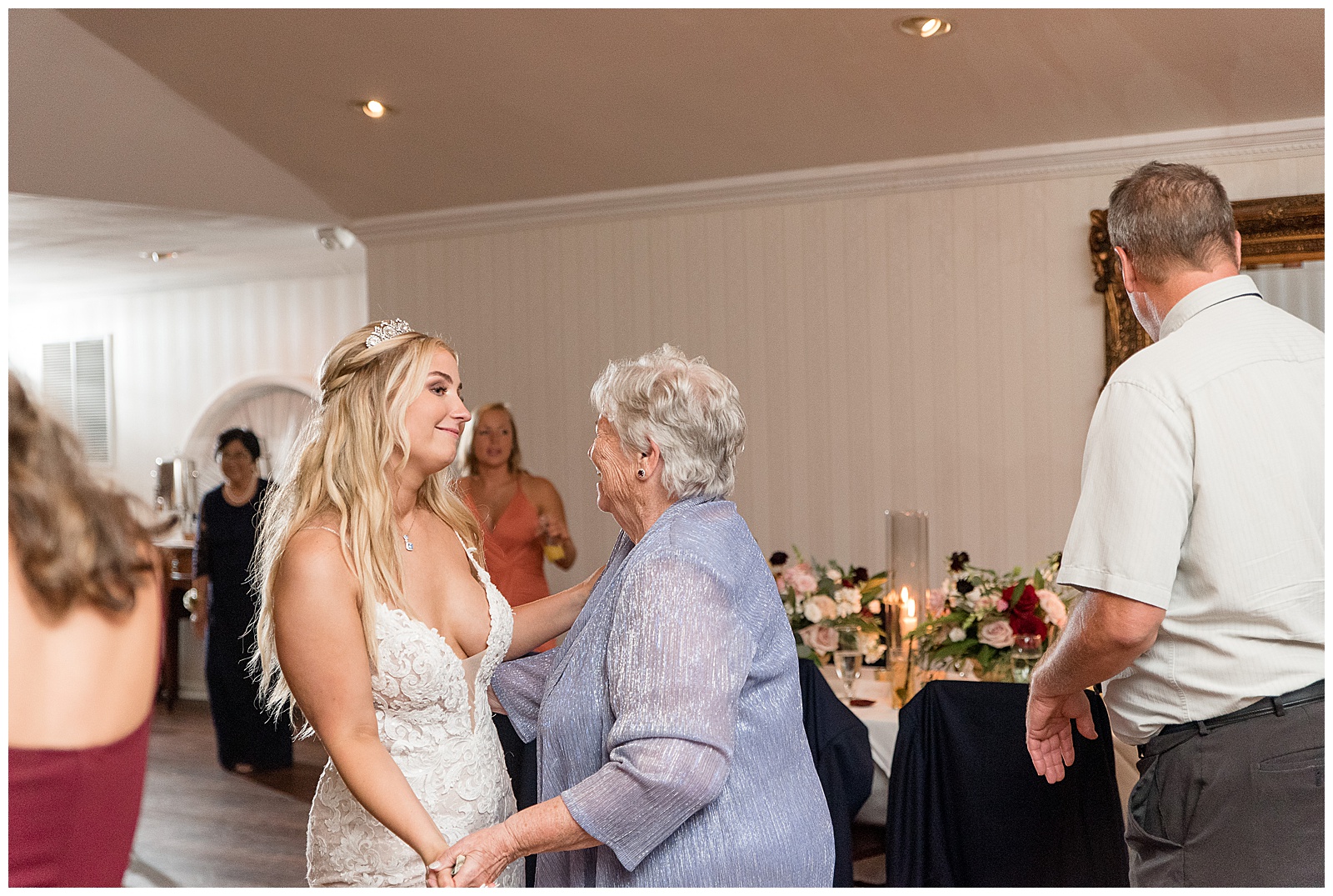 bride dancing with her grandma during indoor wedding reception at Antrim 1844 in Maryland