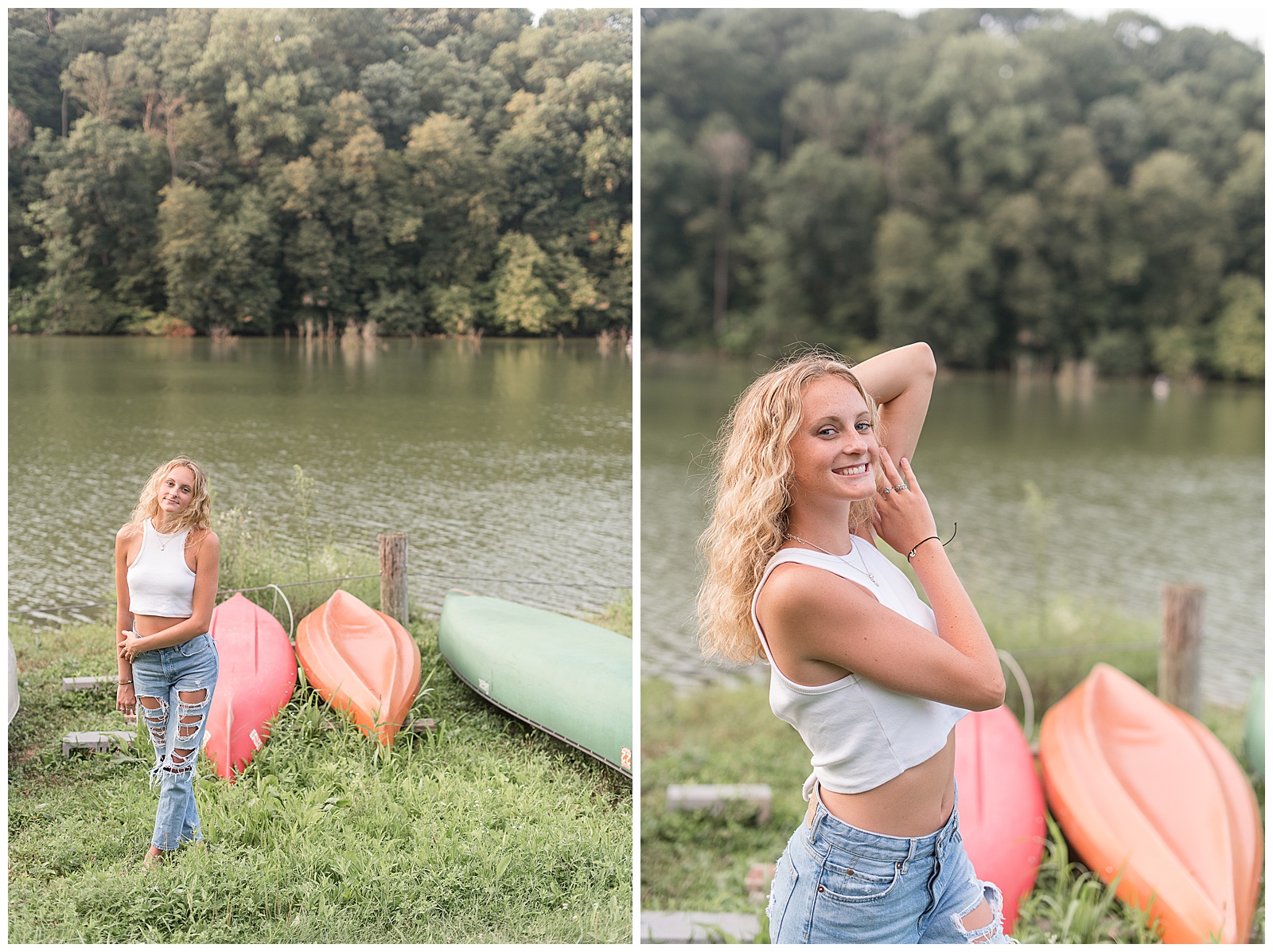 senior girl posing by row of colorful canoes along the side of lake on sunny summer evening