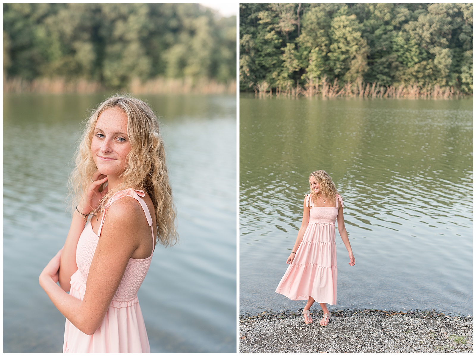 senior girl wearing light pink flowy dress stands along dock of lake on sunny evening in august