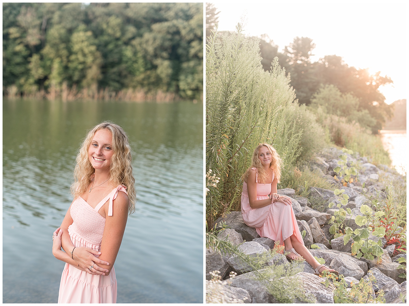 senior girl along lake on large rocks by tall grasses on sunny summer evening