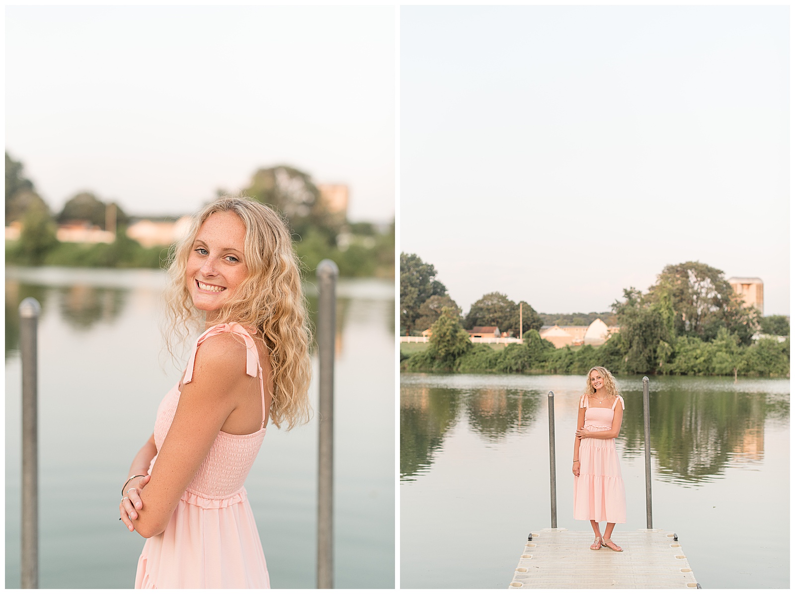 senior girl looking over left shoulder smiling as she stands on end of dock at lake