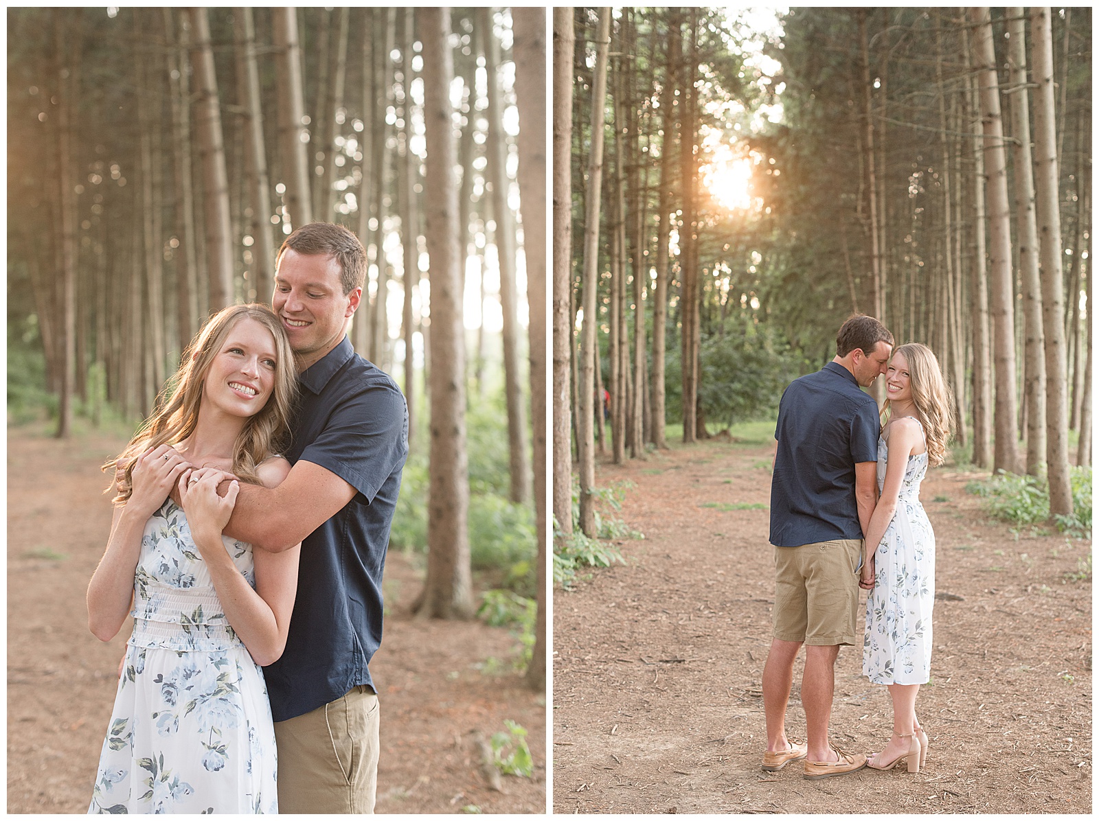 guy behind girl with his arms wrapped around her as they both smile next to pine tree grove