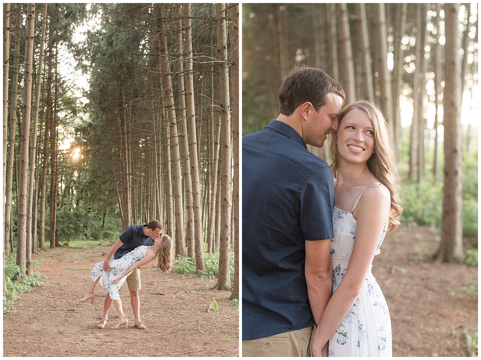 guy dips girl back as they kiss among pine tree grove on sunny summer evening