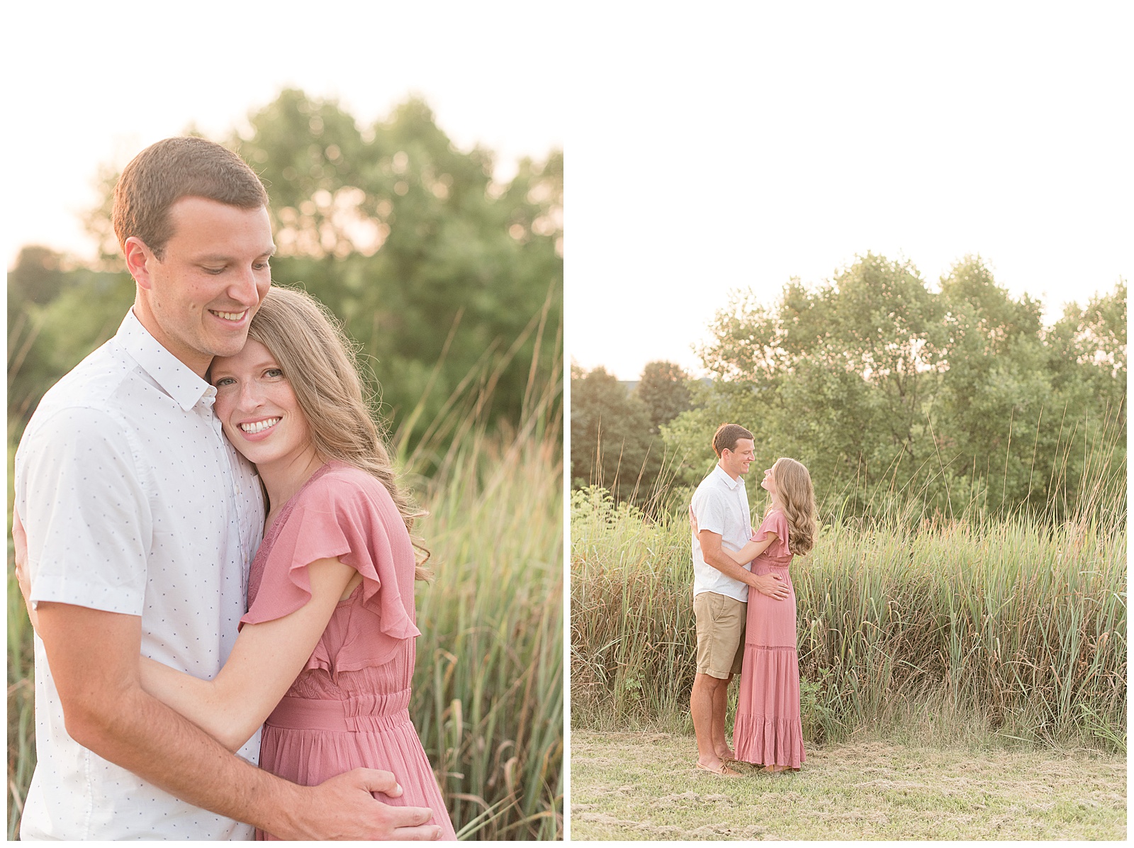 engaged couple hugging and smiling as guy looks down beside tall grasses on sunny summer evening