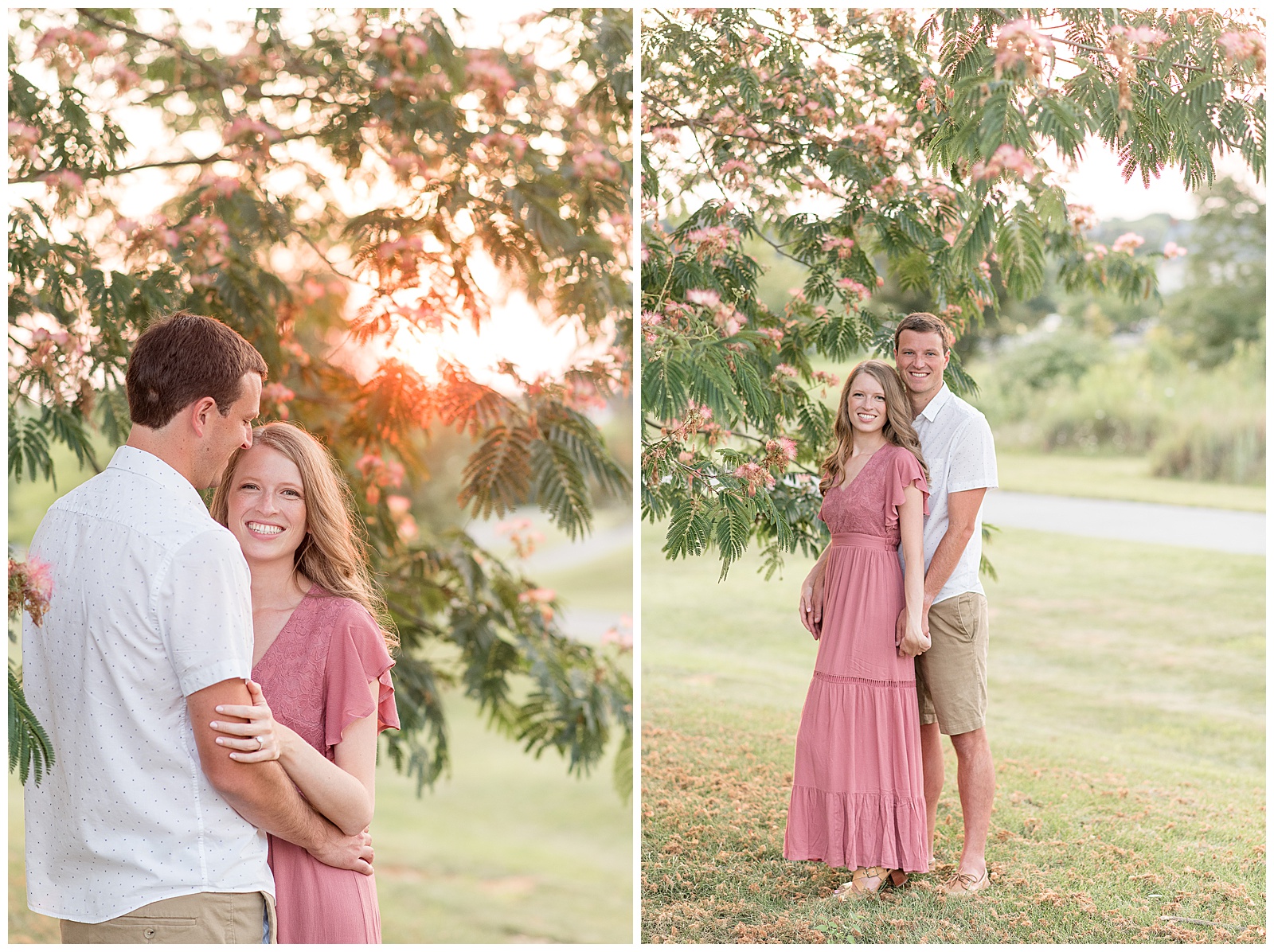 engaged couple stands close together smiling at camera under tree with sun shining behind them 