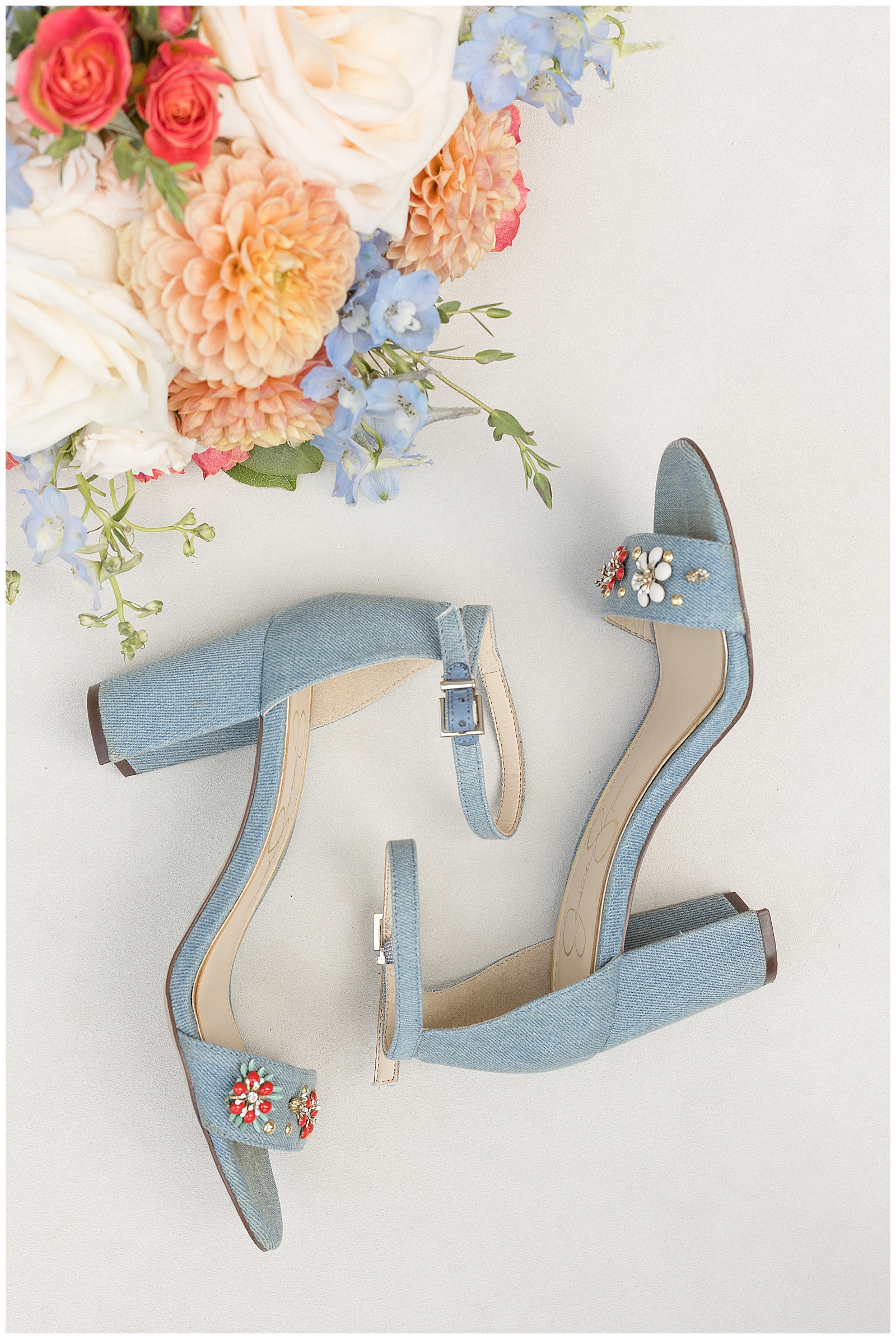light blue high heel strappy shoes for the bride next to bridal bouquet in ellicott city maryland