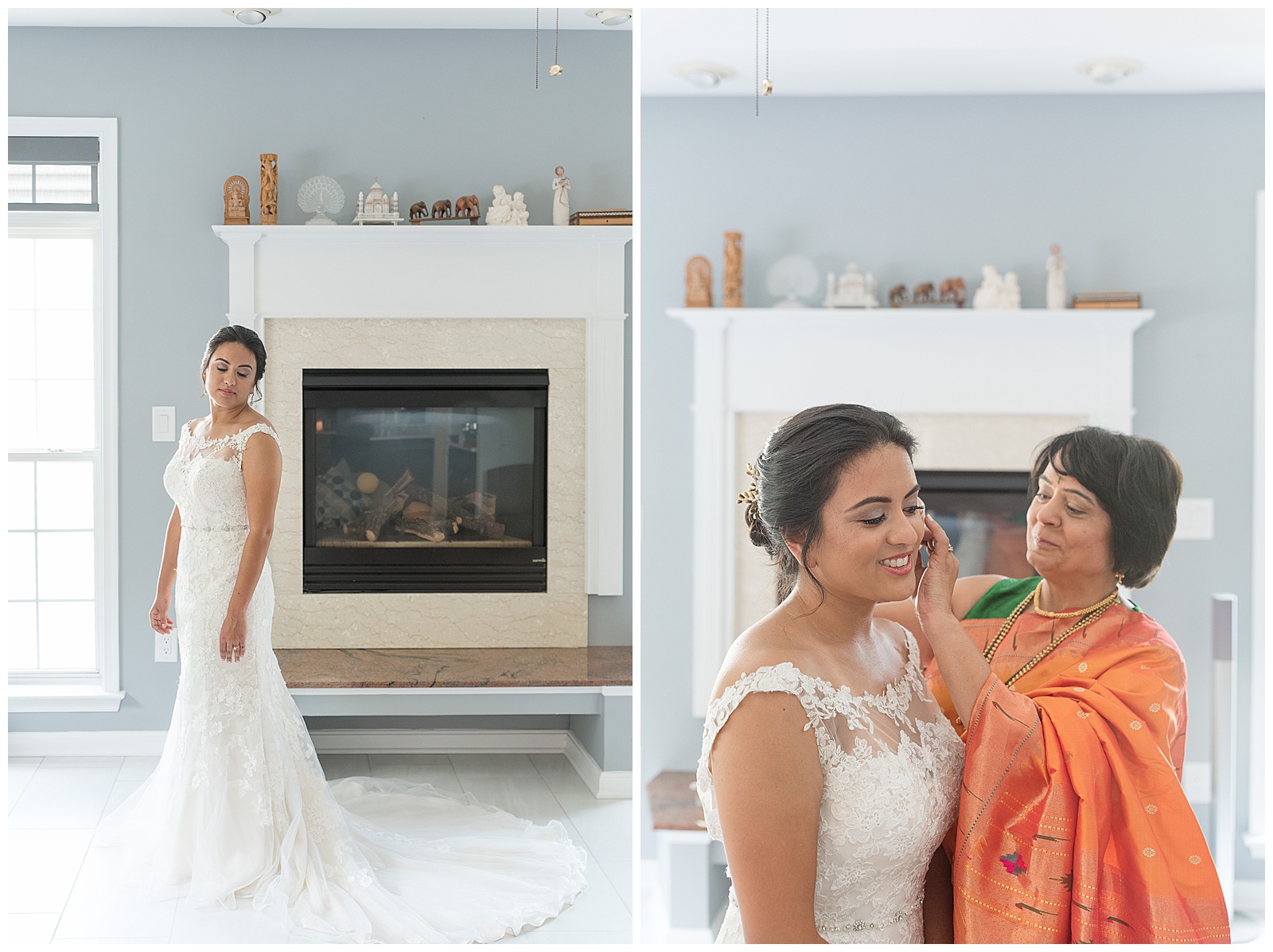 bride-to-be in white sleeveless wedding gown standing with her mom as she helps to put on her earring