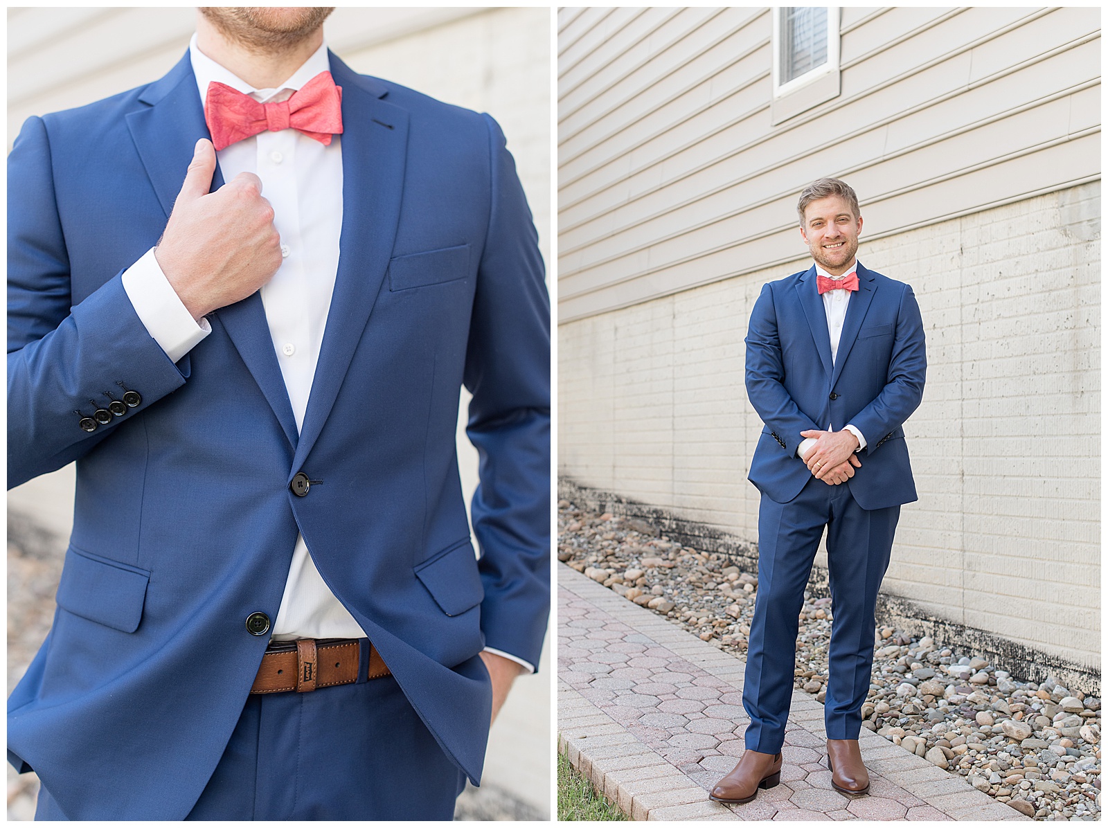 groom wearing navy blue suit with pink bow tie and brown belt poses along pathway before wedding ceremony