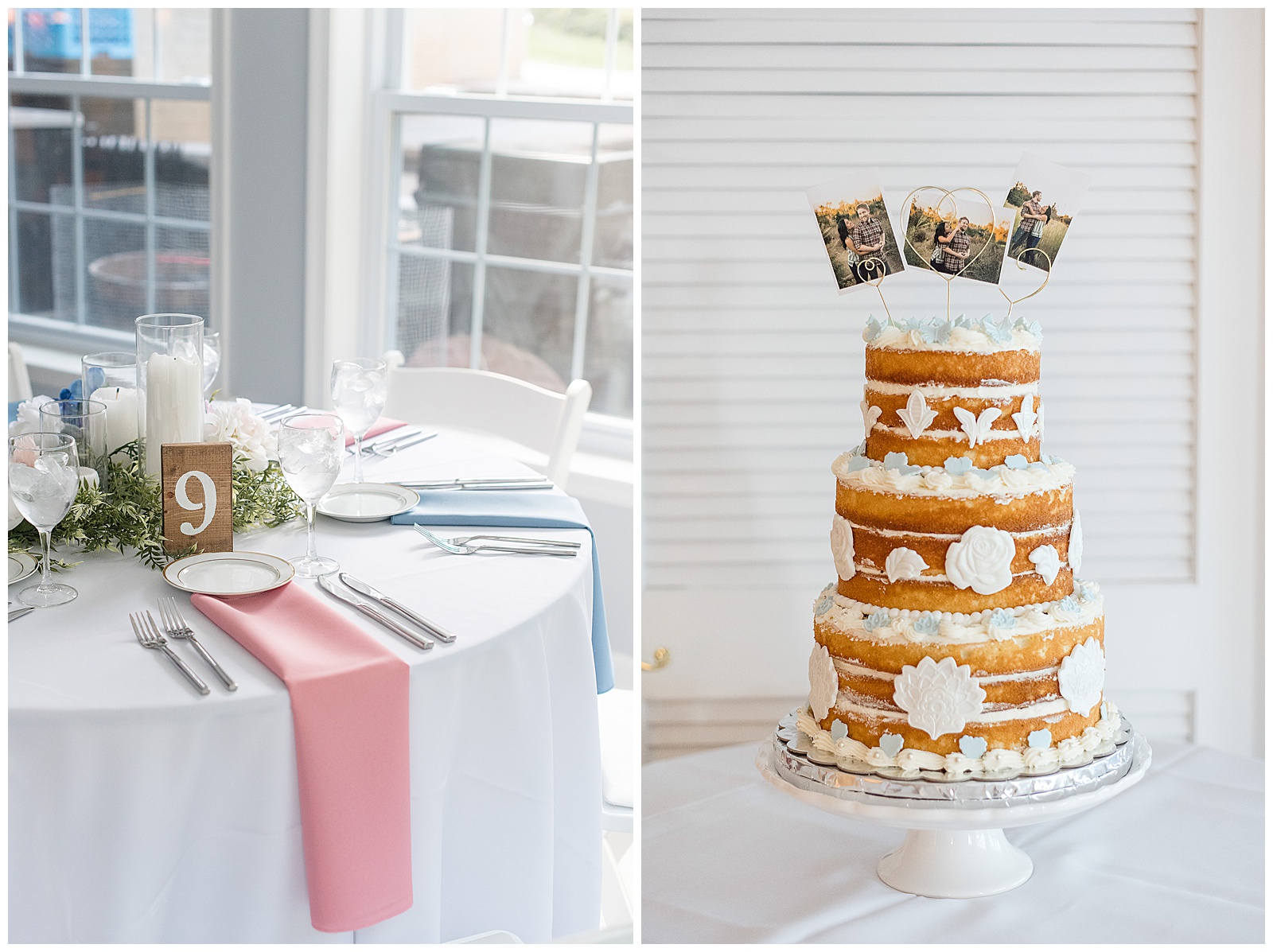 three tier wedding cake displaying photographs on top tier at lovely wedding reception