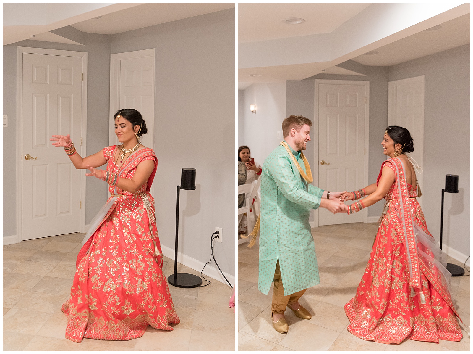 bride and groom share traditional indian wedding dance moment in room in beautiful clothing