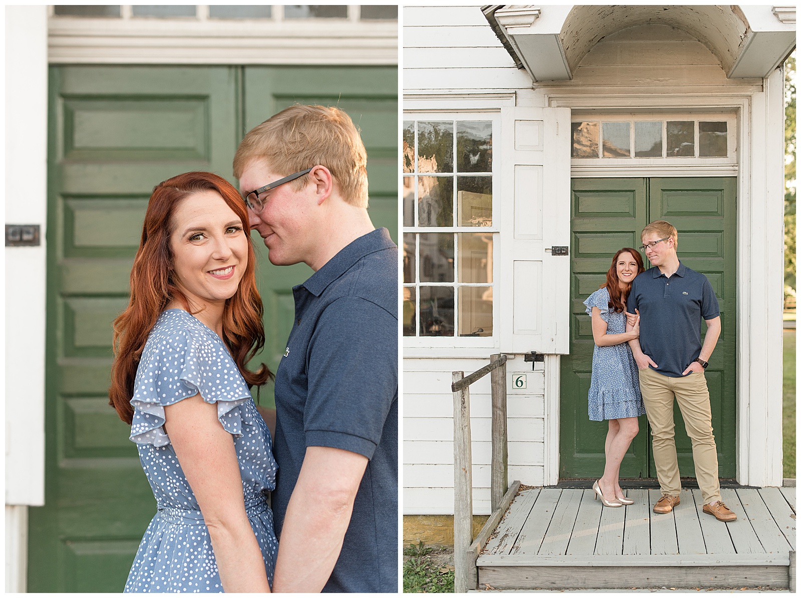 engaged couple standing close and smiling by historic white building with dark green door on sunny summer evening