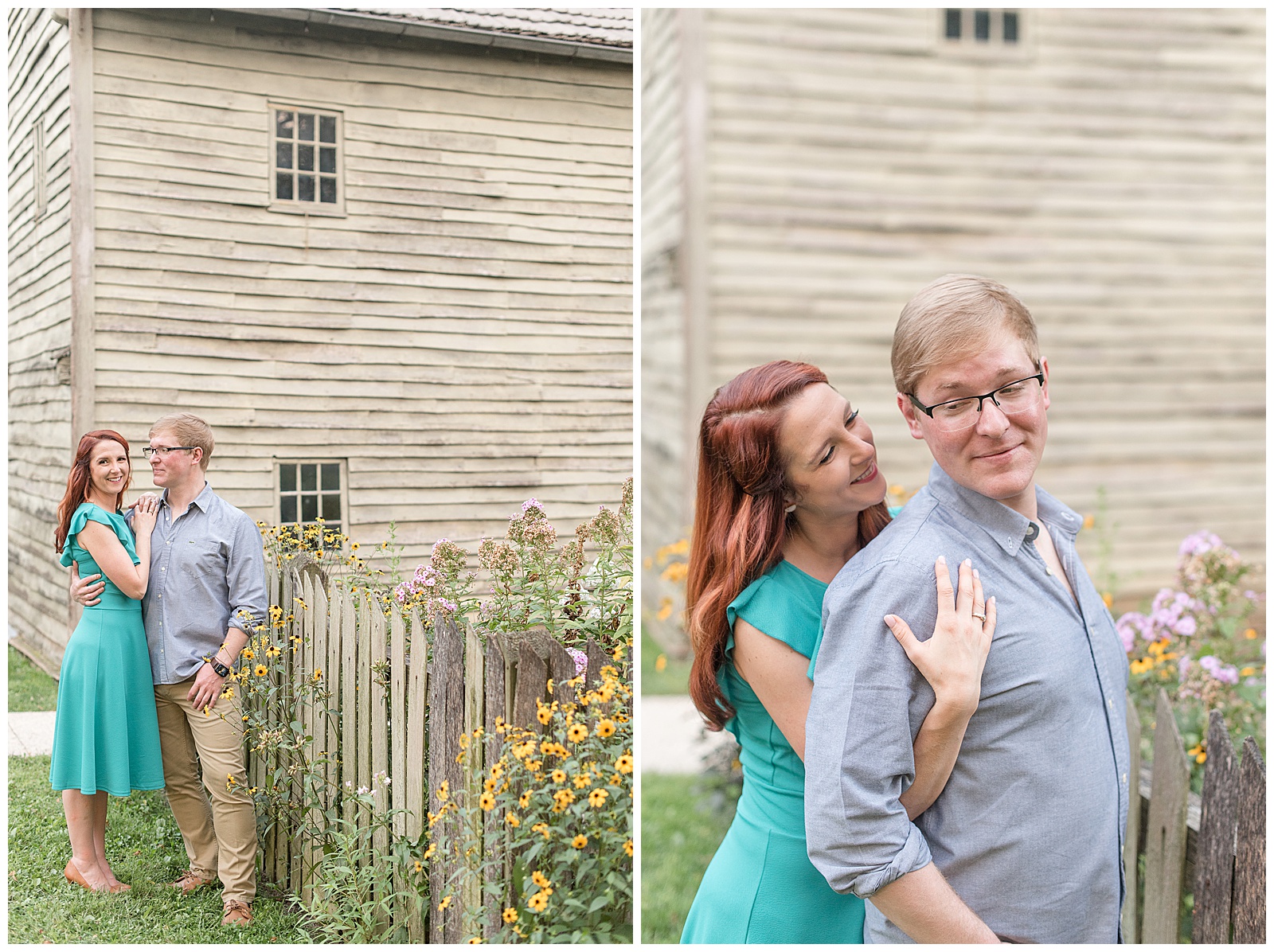 girl hugging guy from behind as he smiles and looks back at her by historic farmhouse