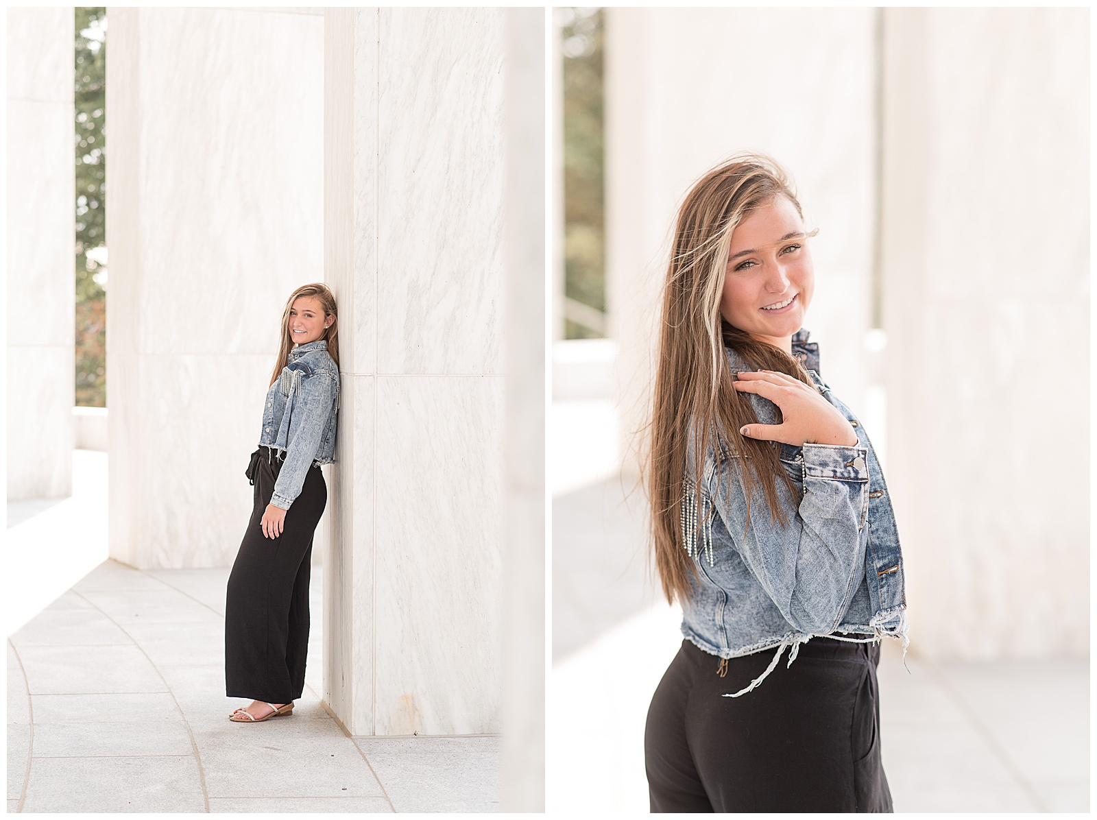 senior girl wearing blue jean jacket with black pants with right hand touching right shoulder and angled toward camera