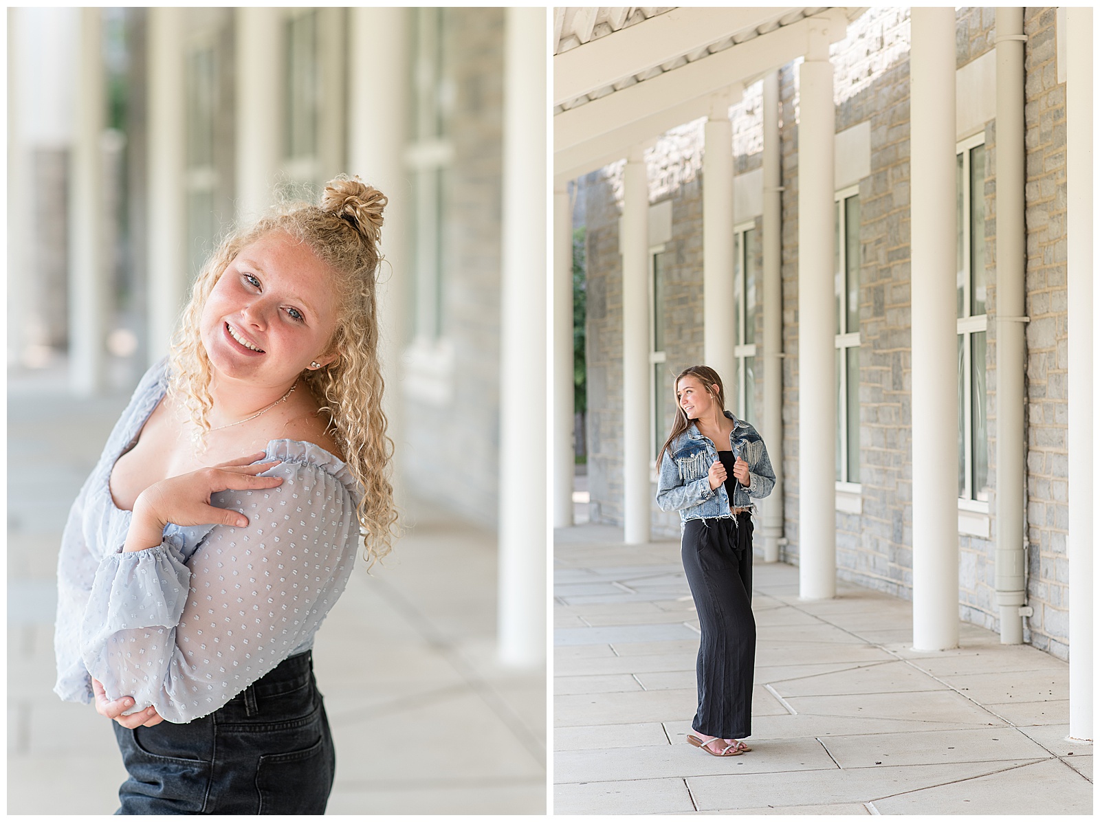 senior girls posing for camera with row of white columns behind them on sunny evening