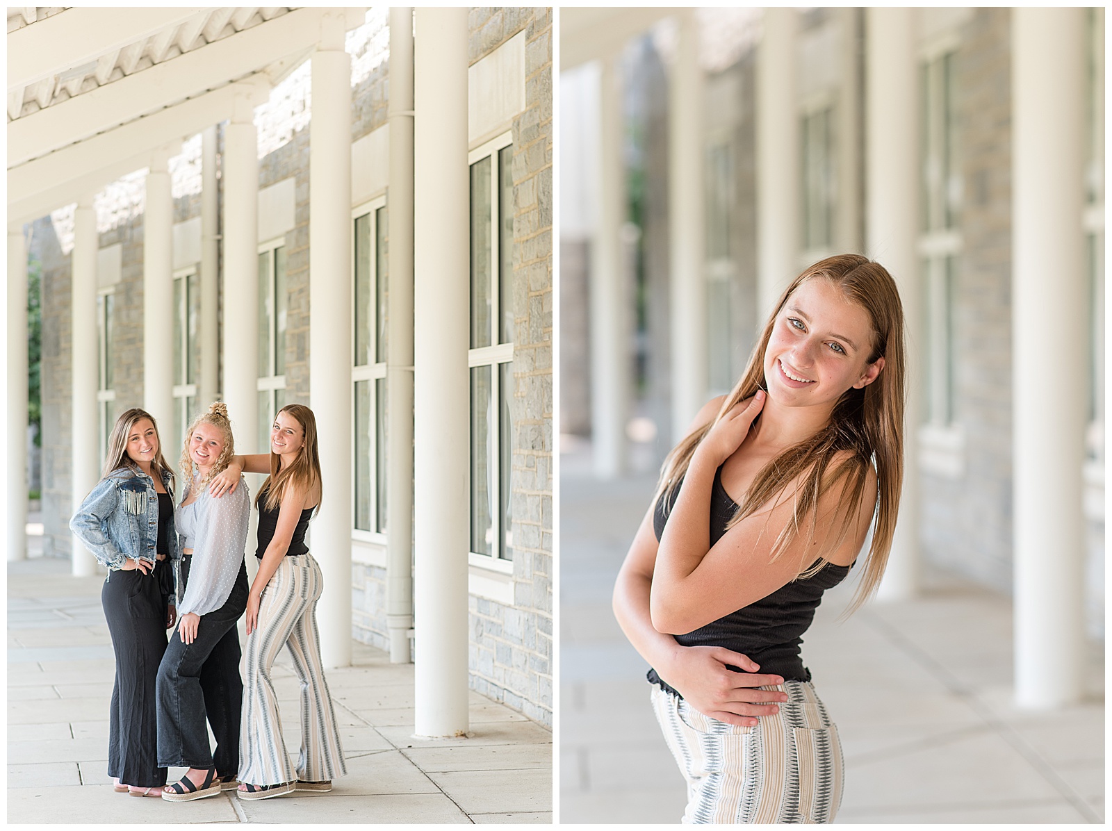senior girls posing for the camera with tall white columns and large white windows behind them