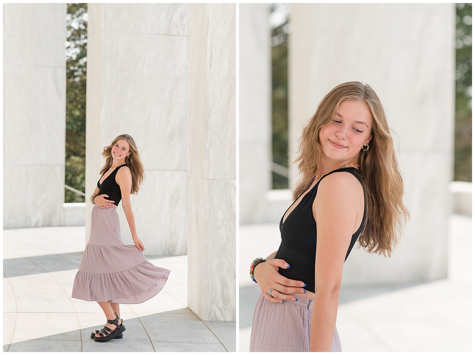 senior girl wearing black tank top and long flowy skirt flaring her skirt back with her left hand as she leans back and smiles