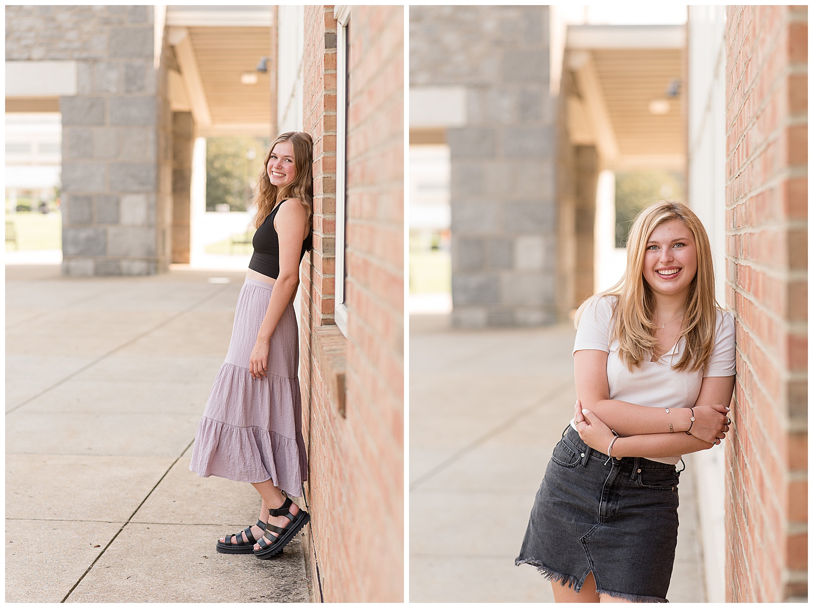 senior girls leaning against bring wall of building as they smile at camera