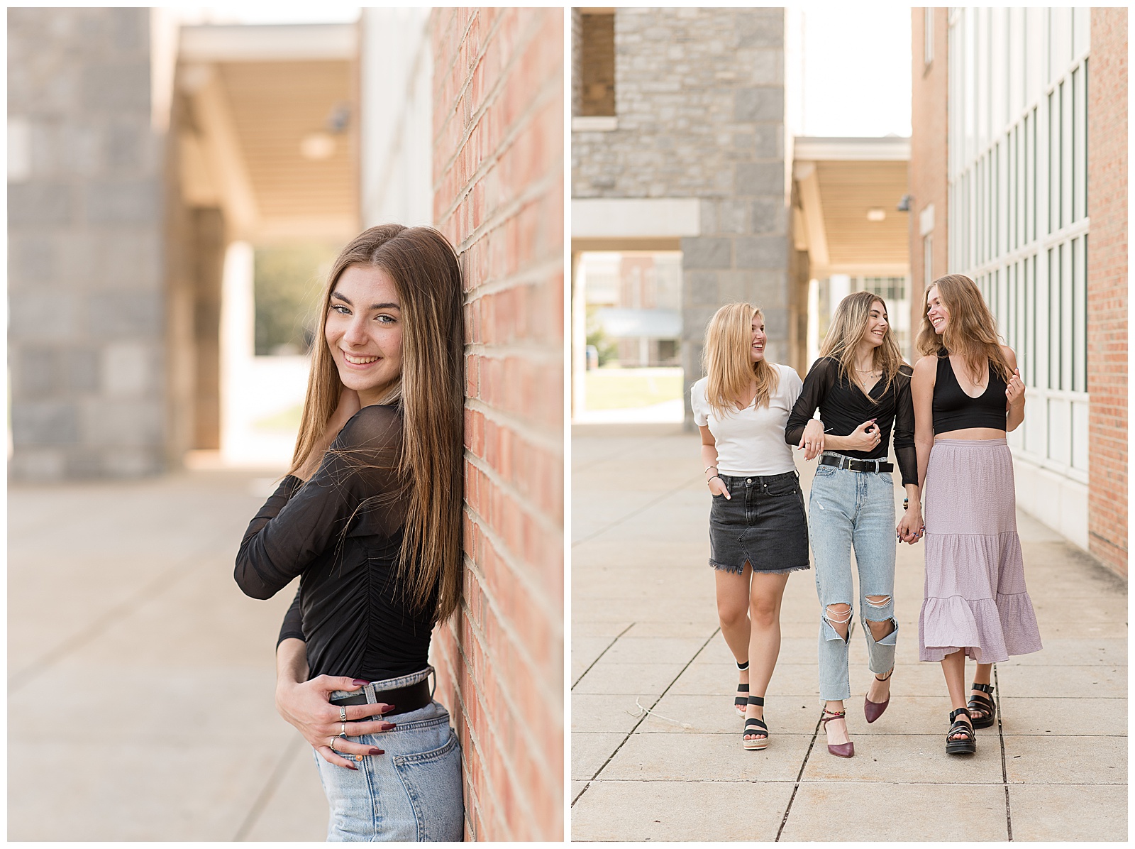 senior girls with arms linked walking towards camera as they look and smile at each other