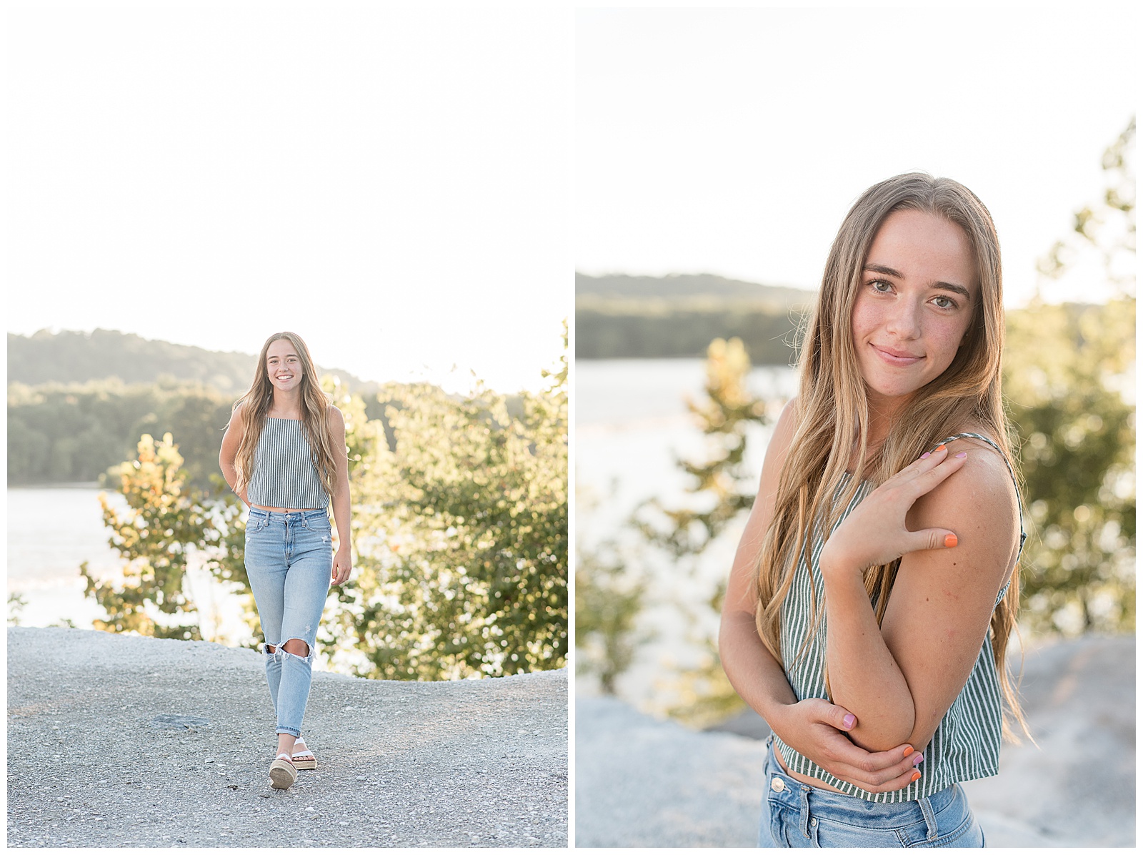 senior girl walking on huge rock towards camera with right hand on hip and sun shining behind her on summer evening