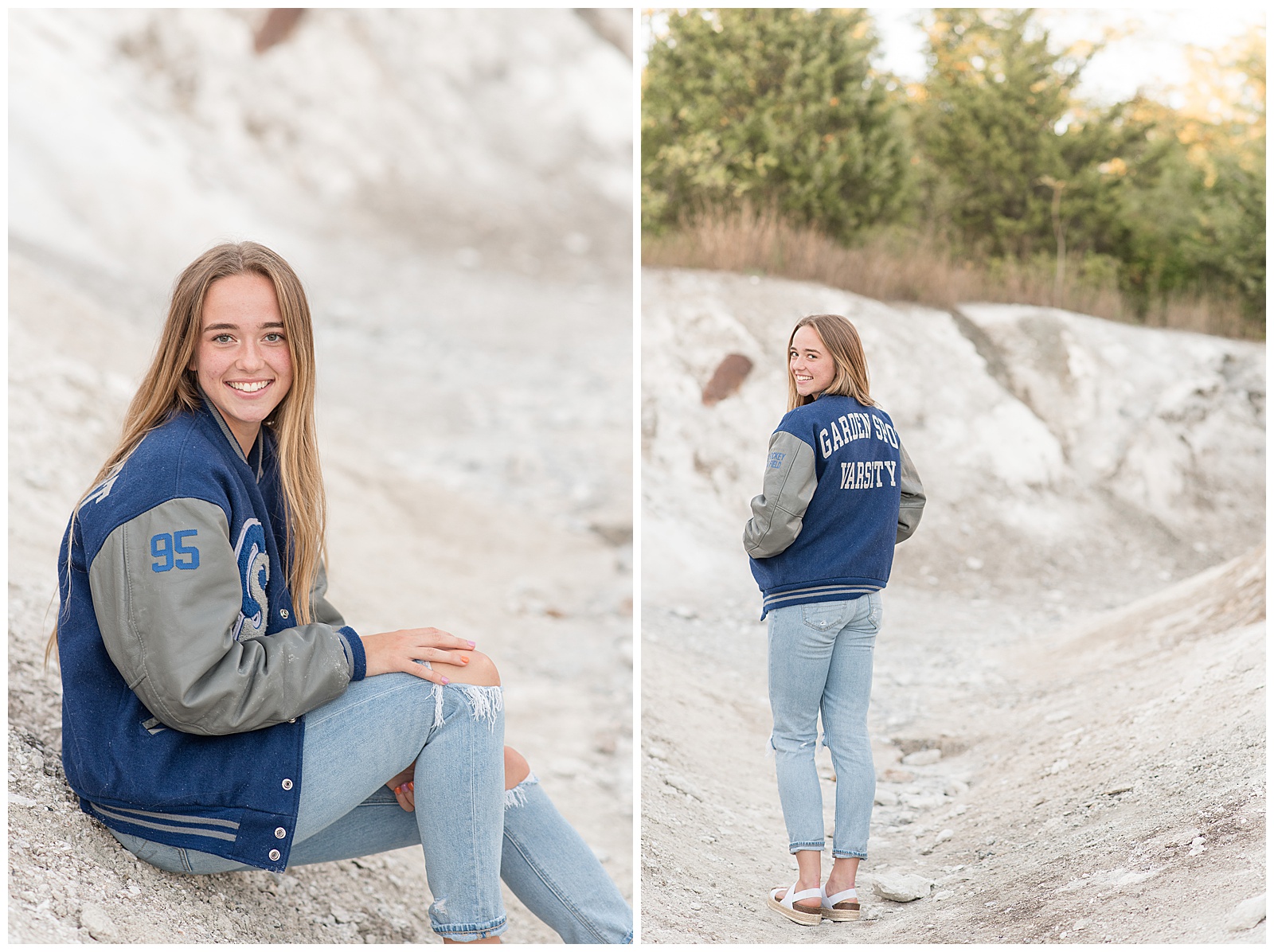 senior girl wearing garden spot varsity jacket and jeans with back towards camera as she looks back over left shoulder standing on white rocks