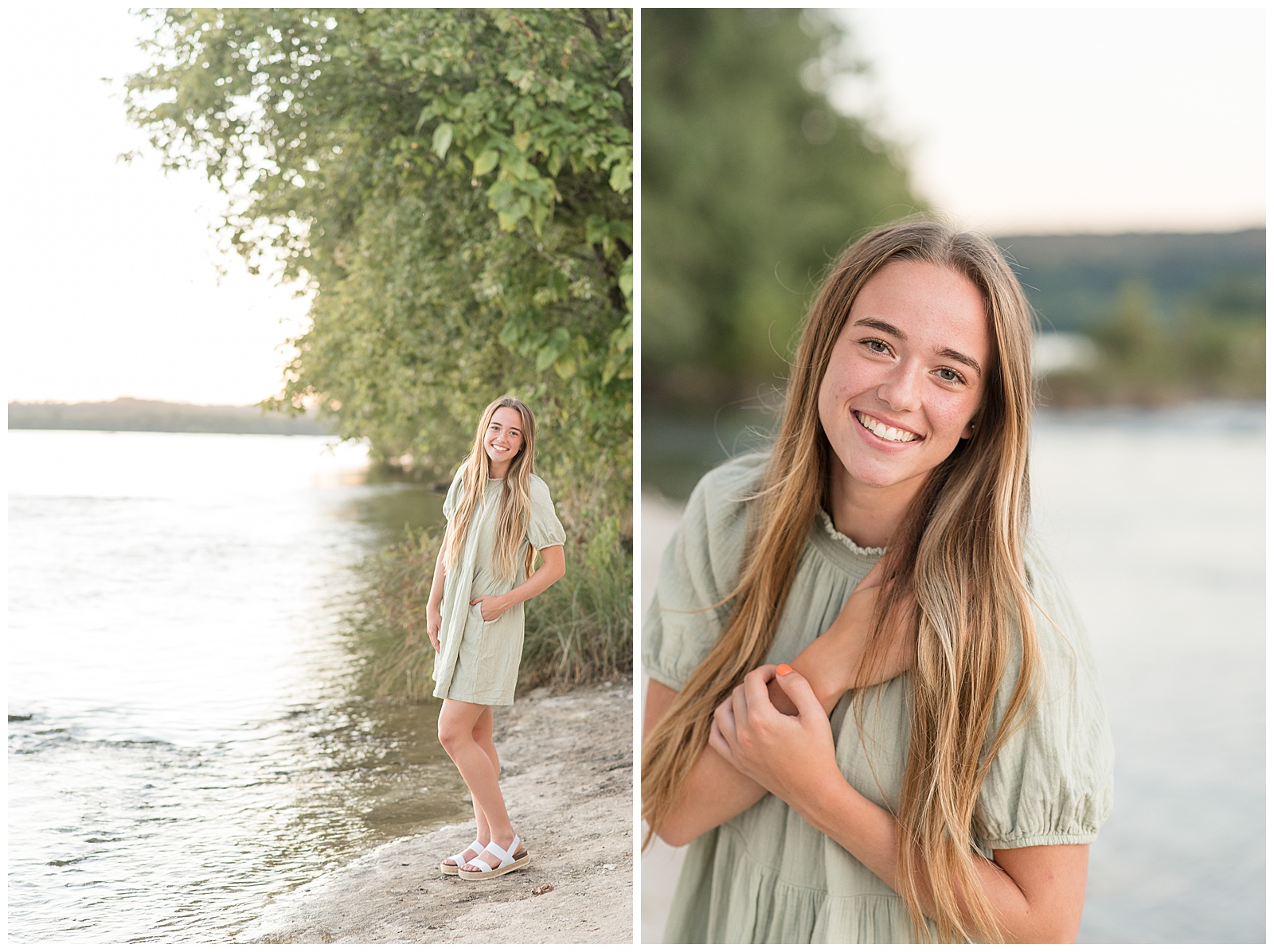 senior girl wearing sage color summer flowy dress standing on white rock along the river with tree behind her