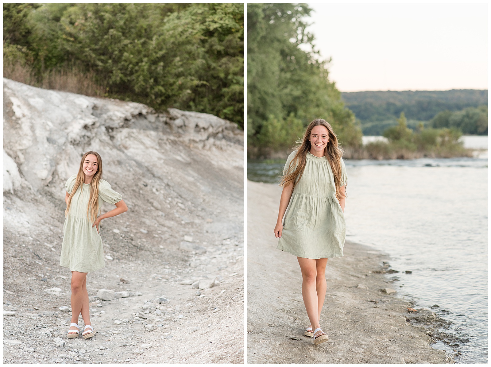 senior girl walking along river's edge on white cliffs smiling at camera with trees behind her on sunny summer evening