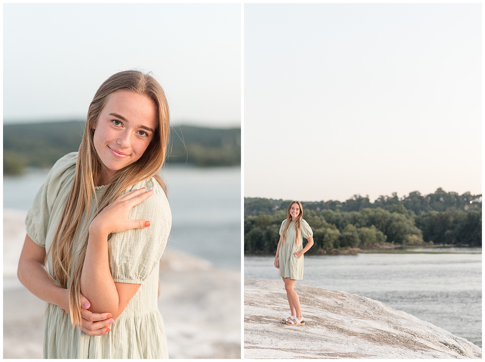 senior girls smiling at camera with left hand on left shoulder and right hand resting under left elbow on bright summer evening near river