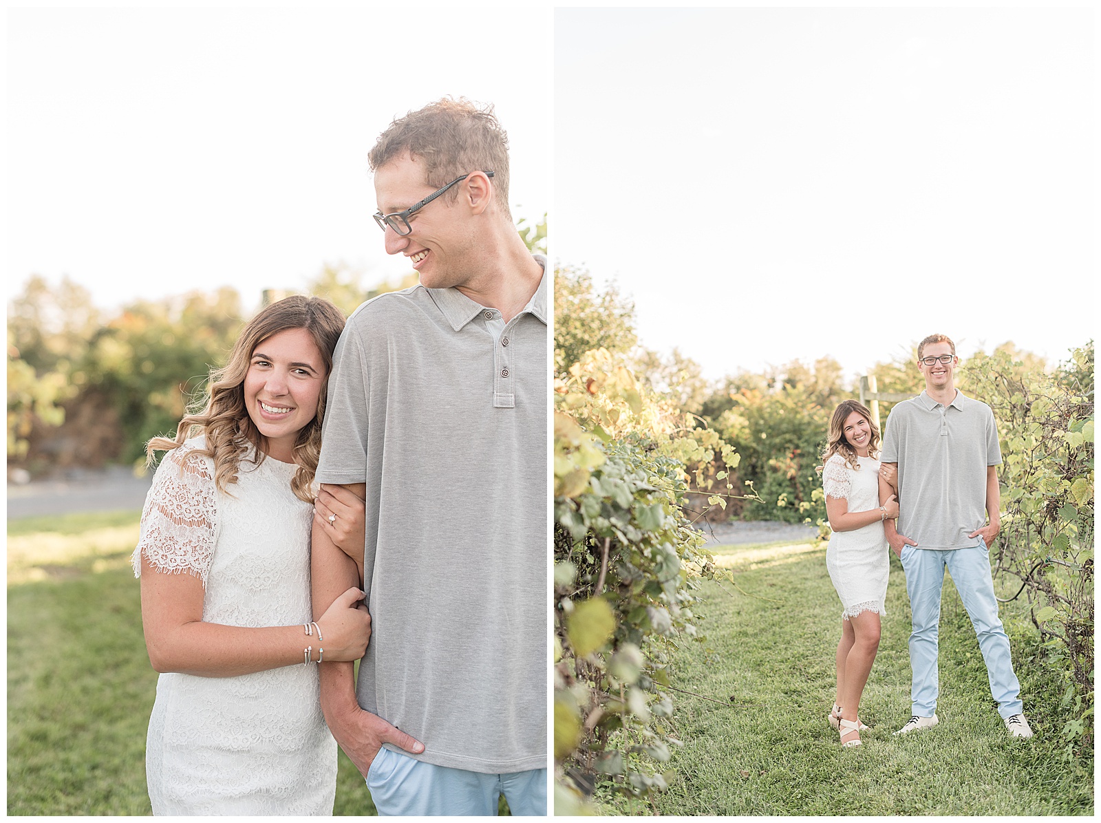 girl wearing cute white lacy dress hugging guy's right arm who's wearing gray polo shirt and light blue pants by vineyards