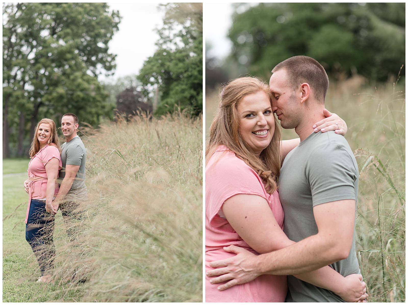 engaged couple hugging tightly as girl smiles at camera and guy rests his face against her on overcast day