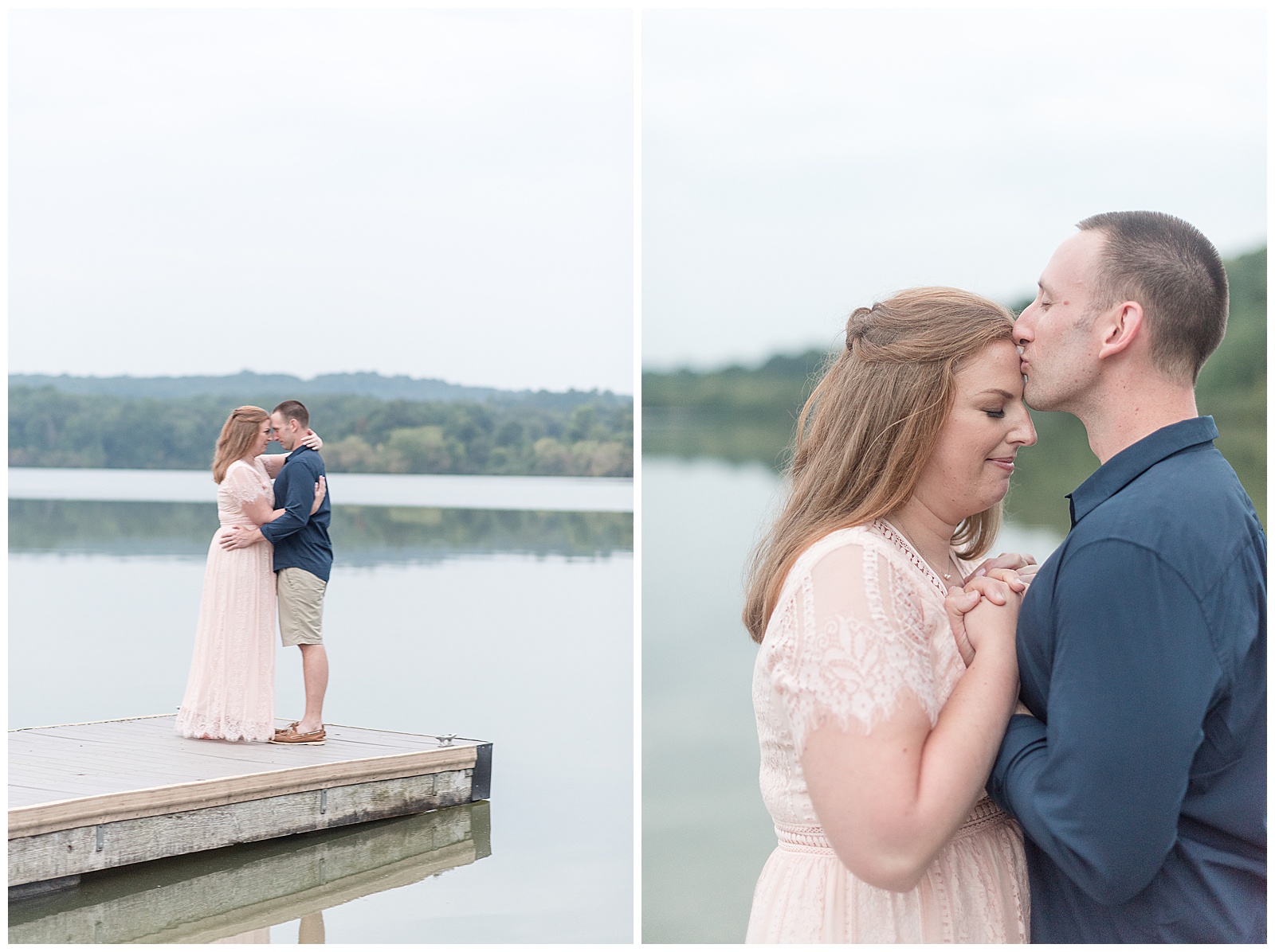 engaged couple standing close with hands joined at end of wooden dock overlooking lake on cloudy day