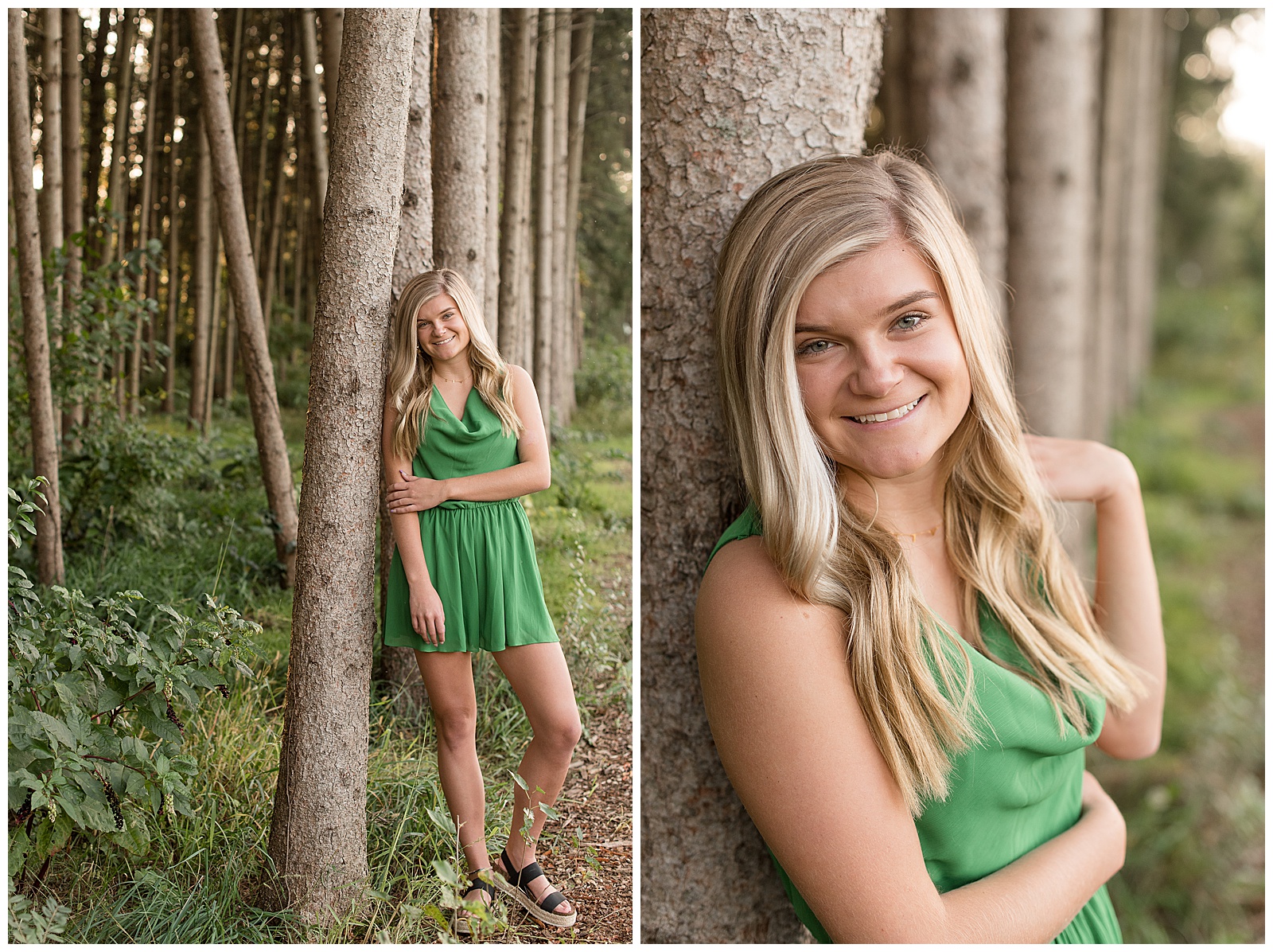 senior girl leaning against tall pine tree smiling at camera with left hand holding onto right arm