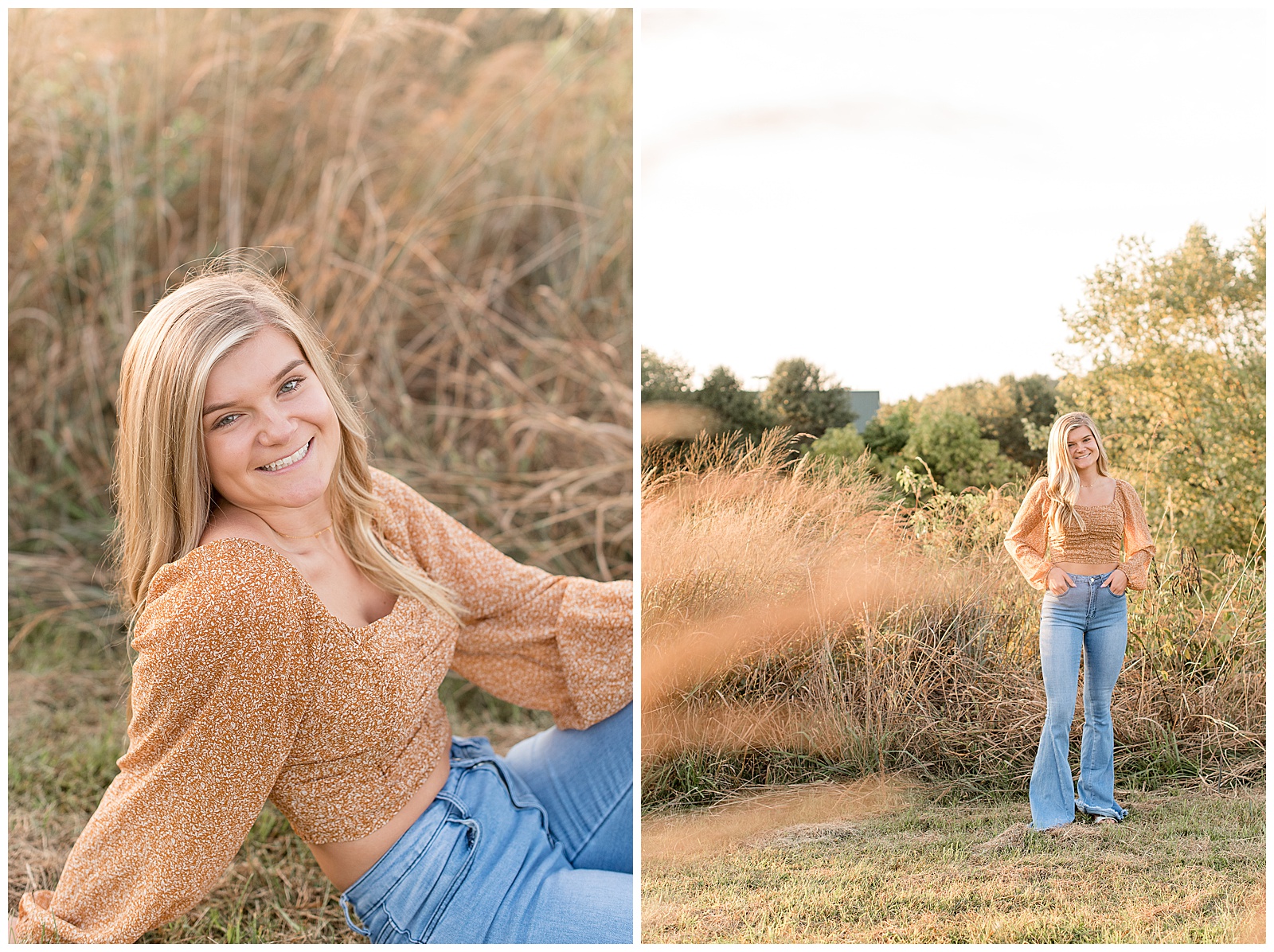 senior girl smiling at camera near tall dried out wild grasses on sunny fall evening