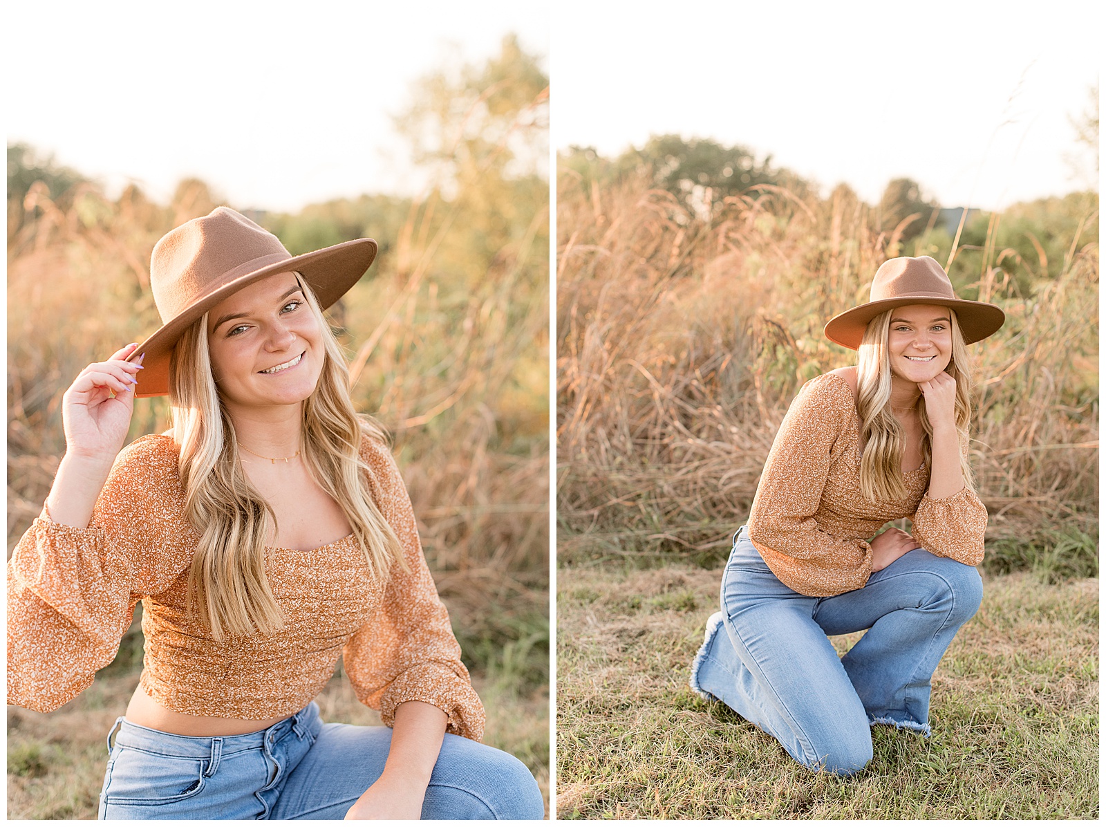 senior girl wearing tan shirt, tan hat, and blue jeans crouched down with dried out tall wild grasses behind her on sunny fall evening