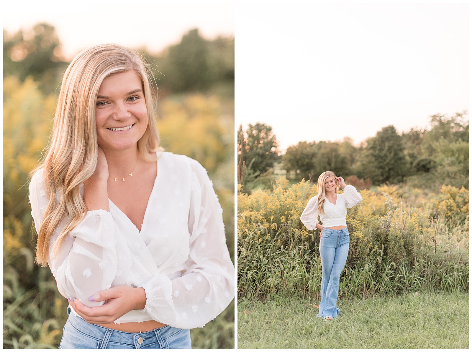senior girl in white top with blue bell bottom jeans standing by tall wild grasses on fall evening smiling at camera
