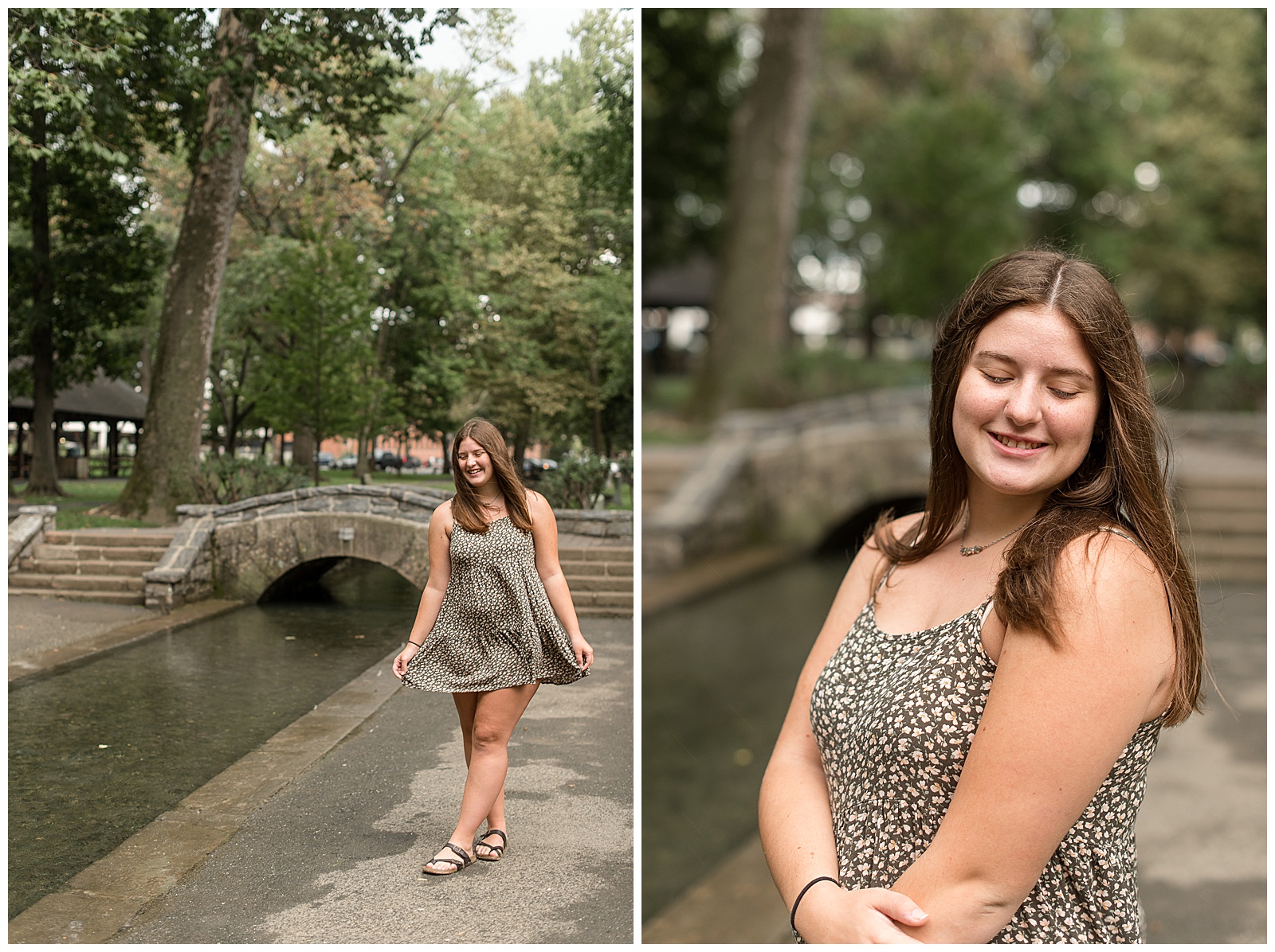 senior girl smiling and holding edges of her flowy dress beside stream near stone bridge