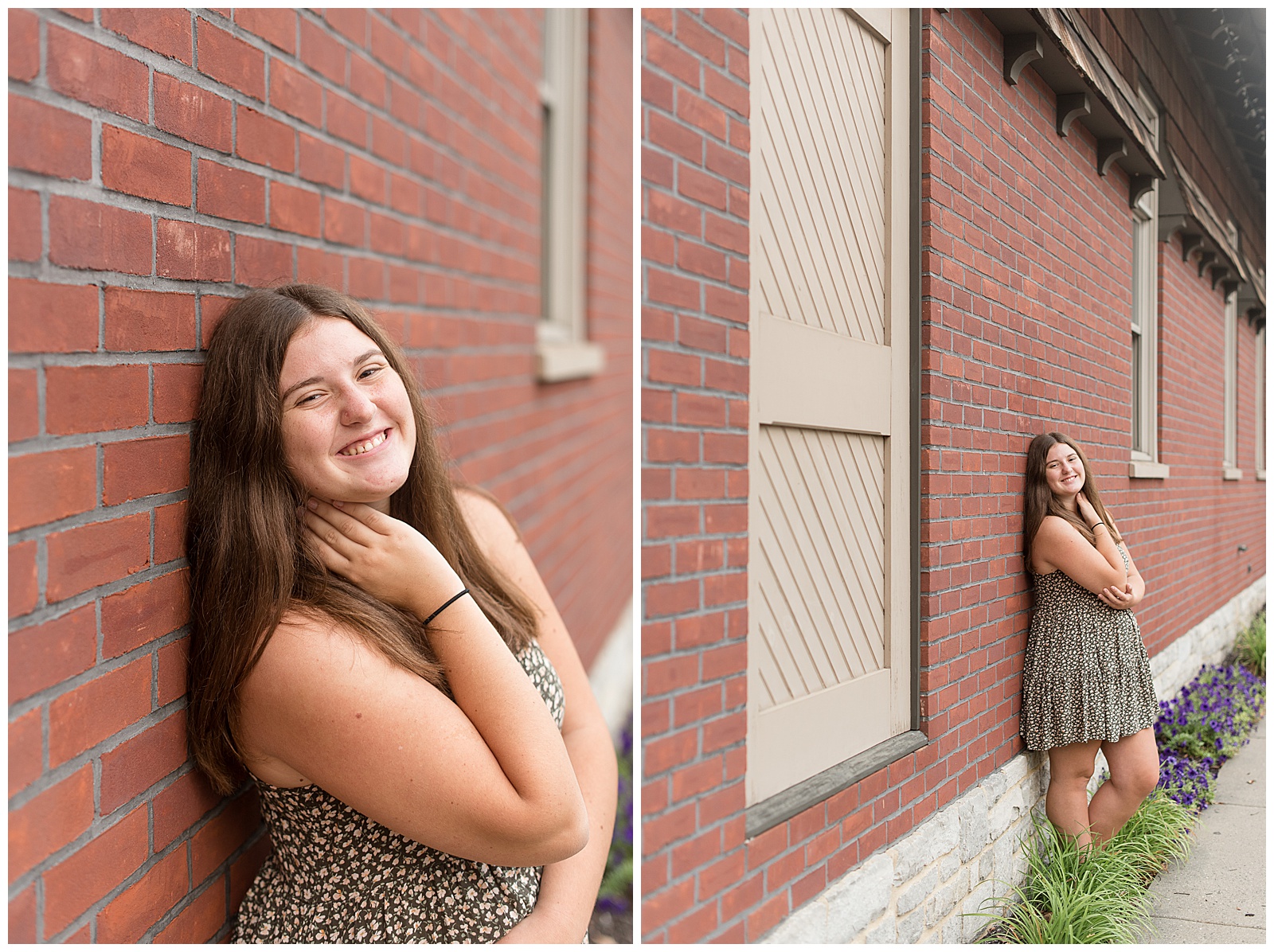 senior girl leaning against brick building with right hand resting against her neck as she smiles