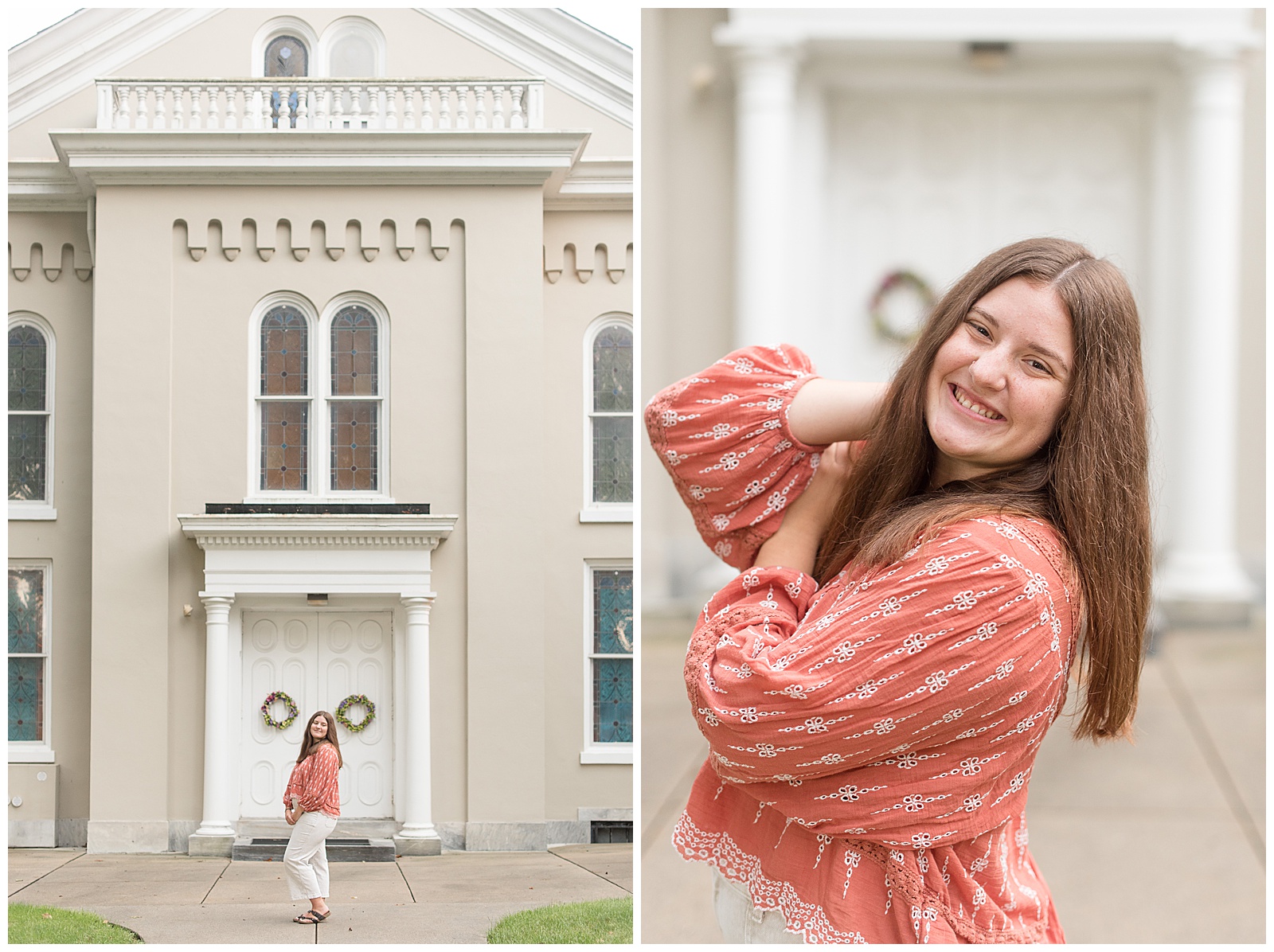 senior girl standing outside front doors of historic building with left side of her body towards camera on summer evening 
