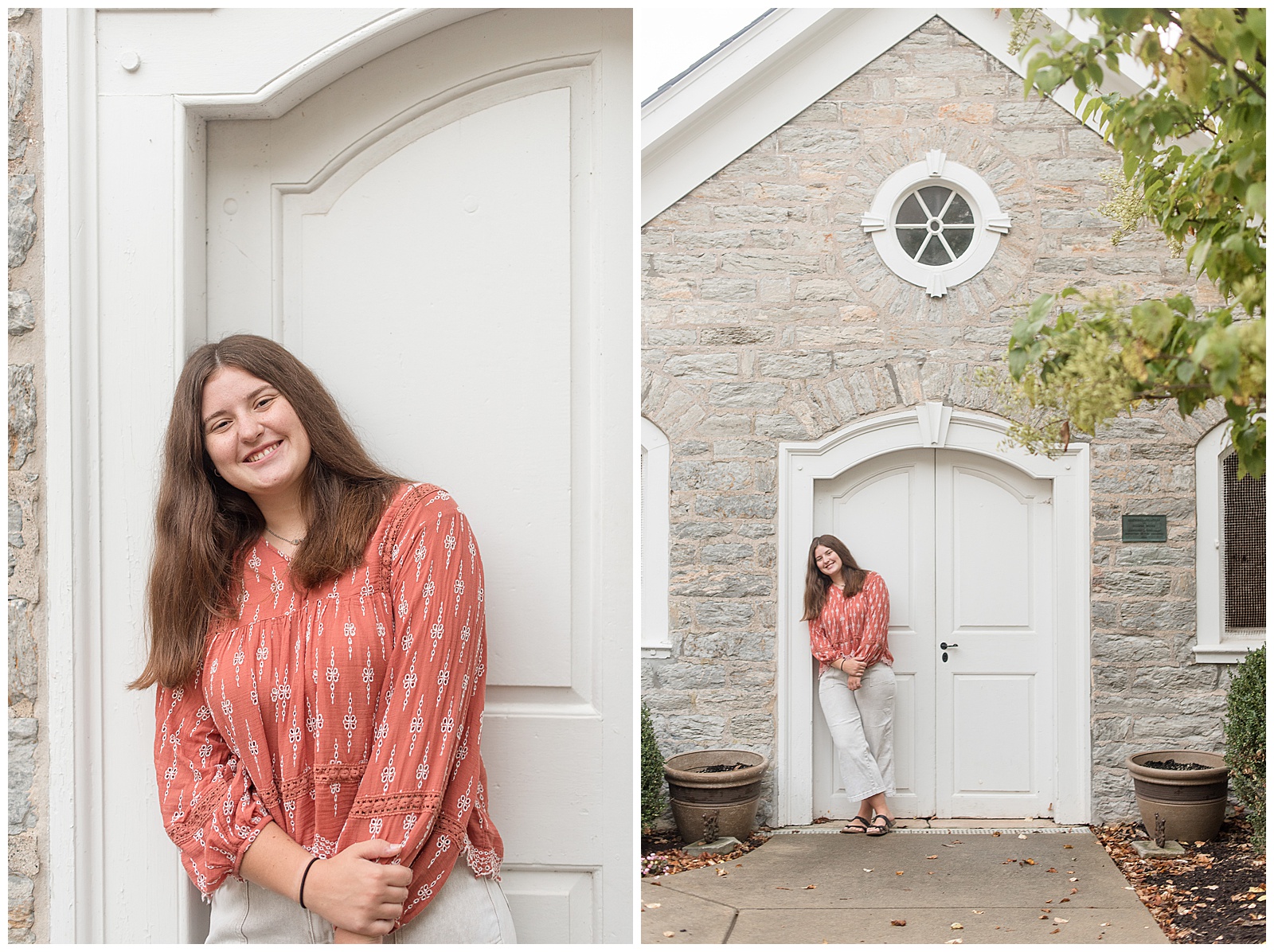 senior girl standing in small white double door frame of historic stone building on summer evening
