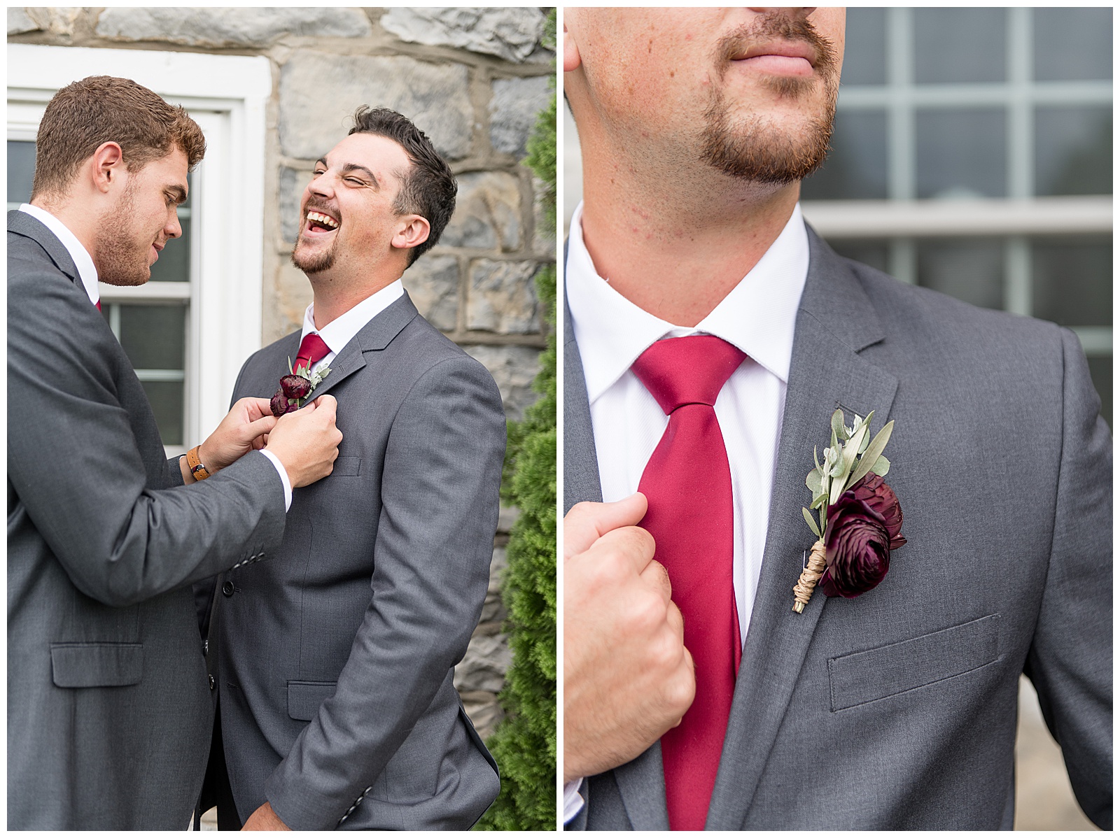 groom getting help with his boutonniere from his best man as they both smile