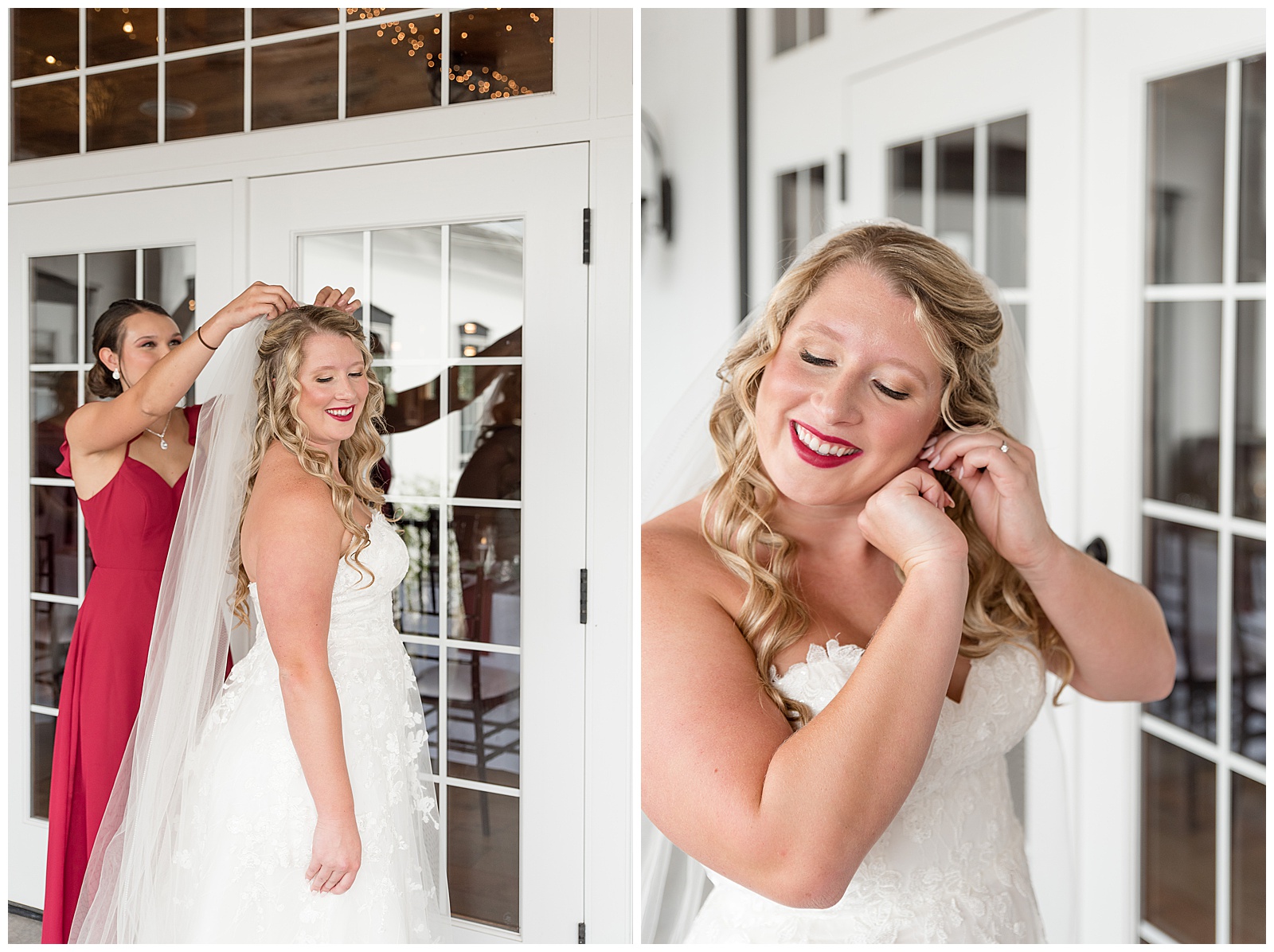 bride putting her earring on and matron of honor helping bride with her veil by bridal suite